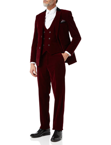 Mens 3 Piece Velvet Suit Maroon Tailored Jacket Waistcoat Trousers Wedding Party