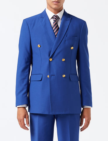 Blue double breasted jacket with stripe tie