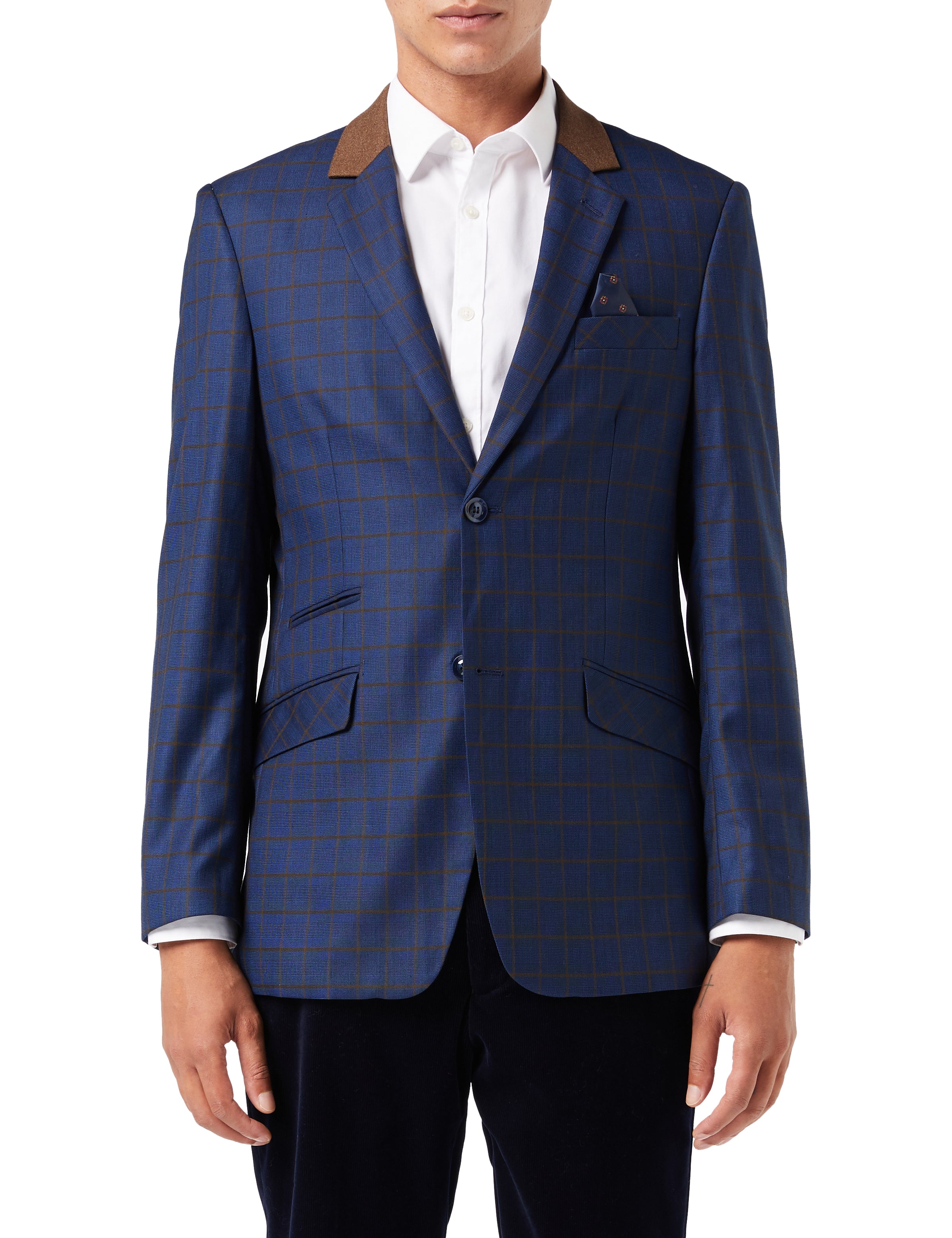 FALCO – Windowpane Check Tan on Navy Blazer