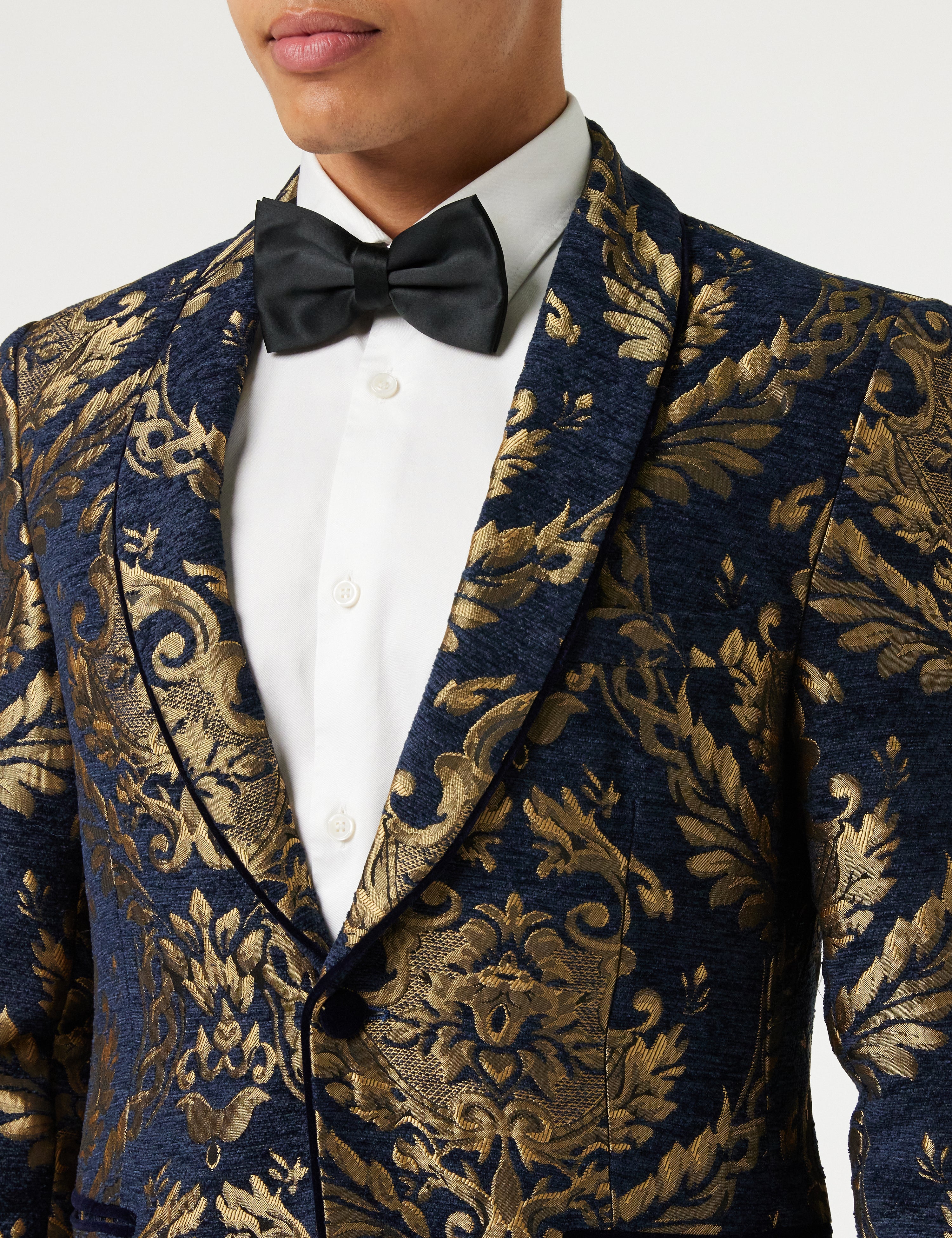 Gold Brocade on Flocked Navy Velvet Jacquard Blazer