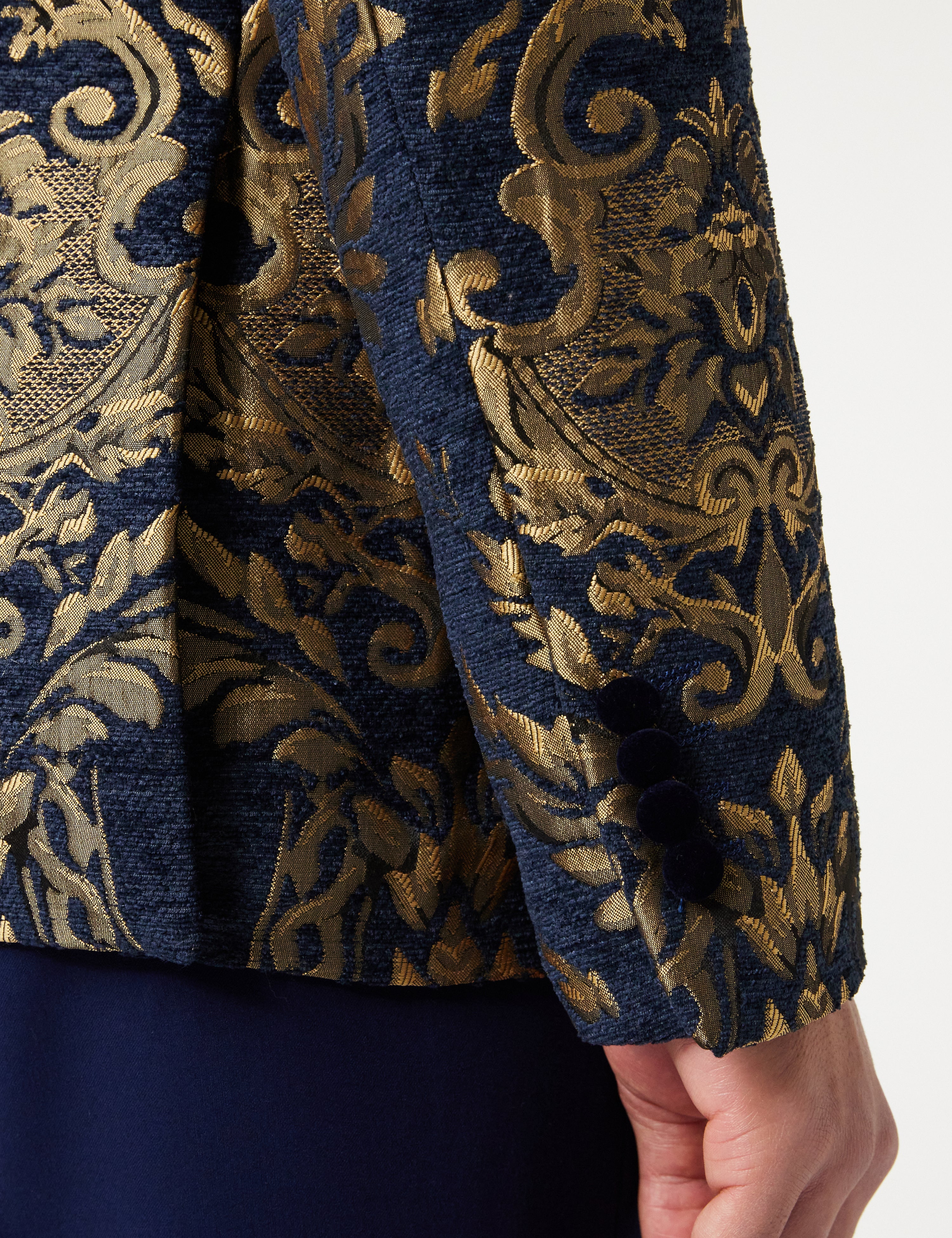 Gold Brocade on Flocked Navy Velvet Jacquard Blazer