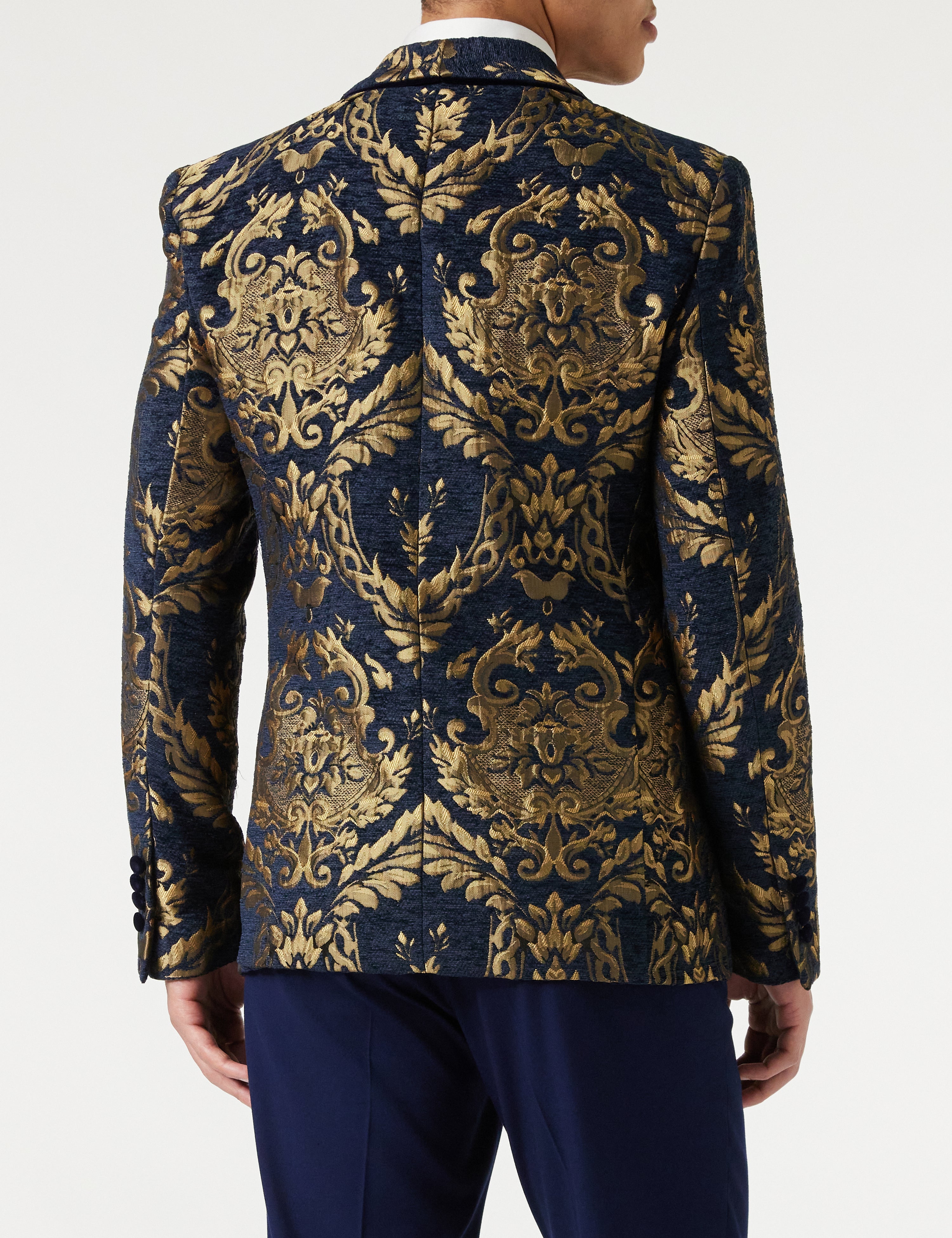 Gold Brocade on Flocked Navy Velvet Jacquard Blazer