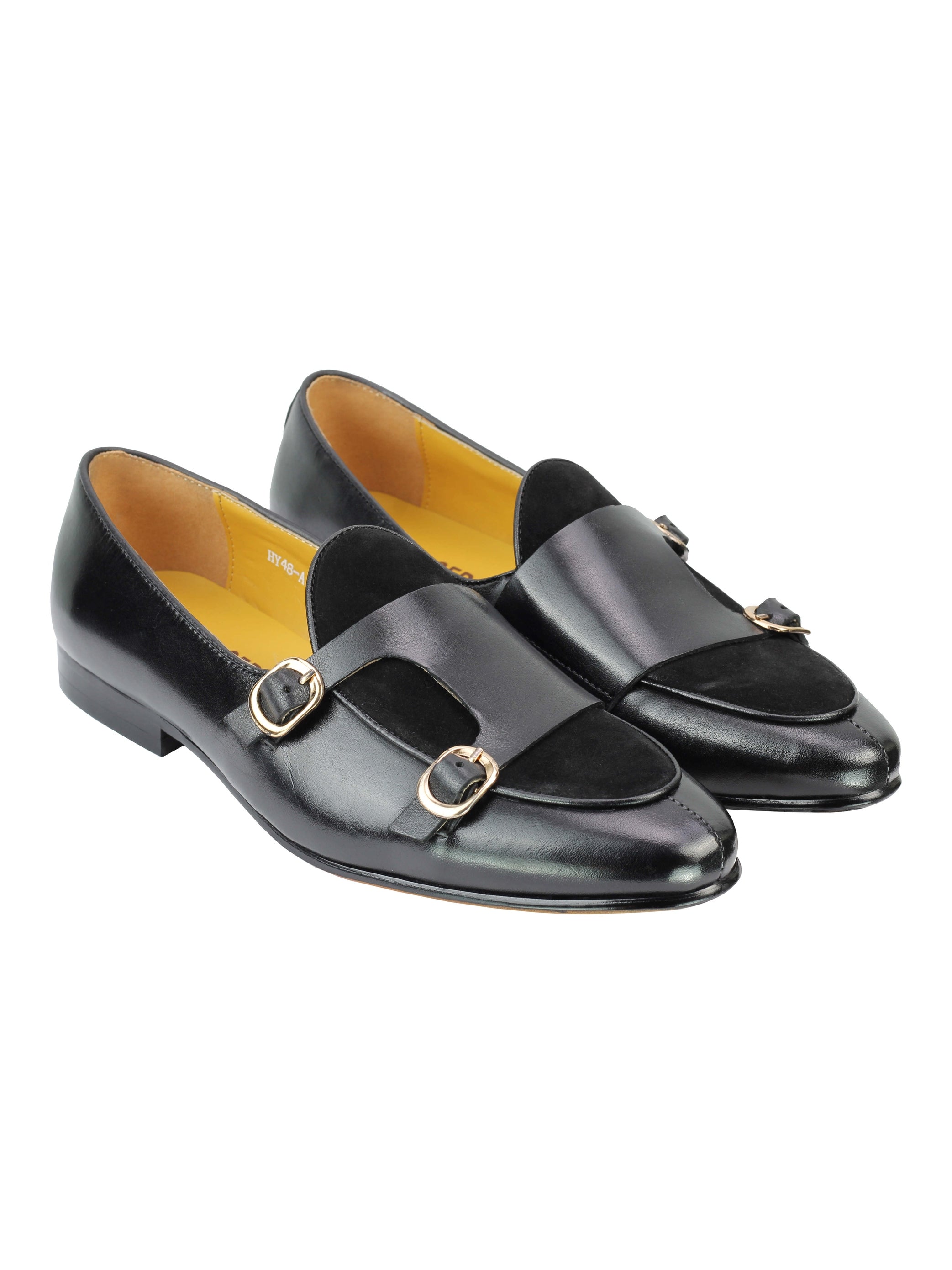 Real Leather Double Monk Strap Black Loafers