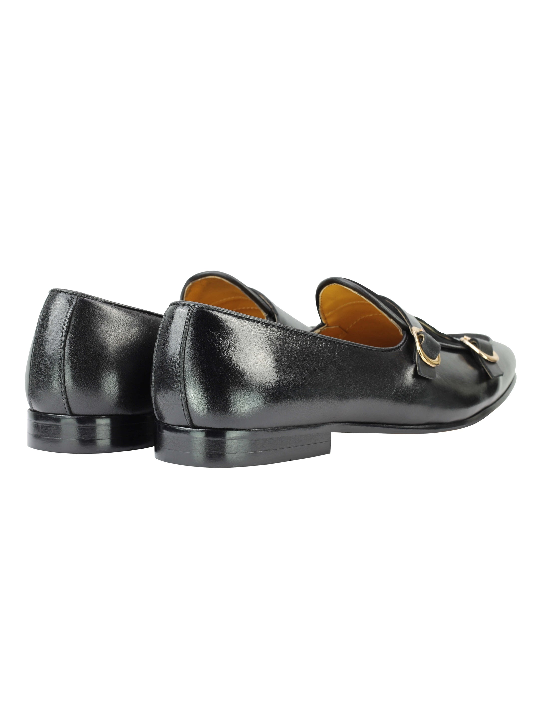 Real Leather Double Monk Strap Black Loafers