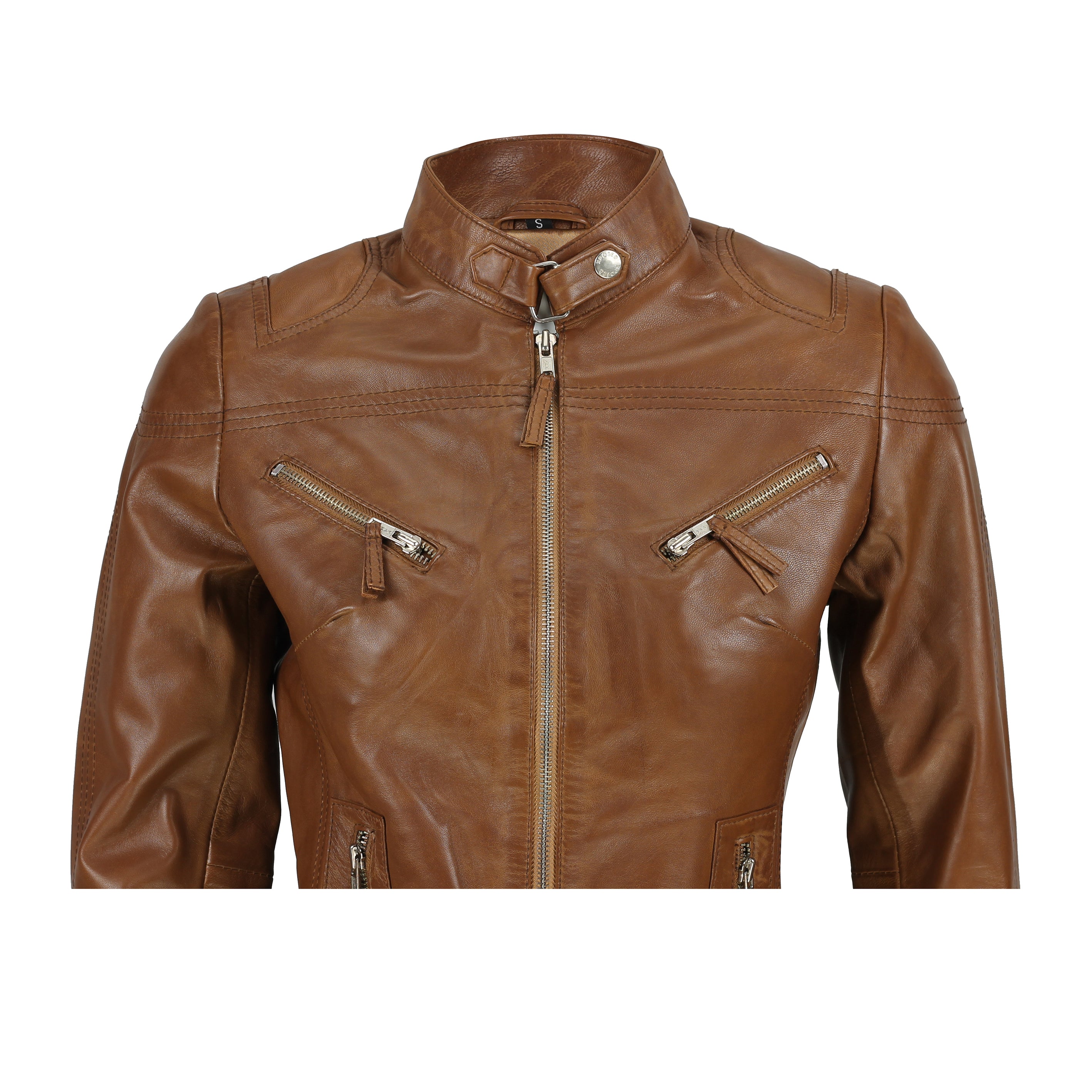 XPOSED LADIES LEATHER JACKET IN TAN