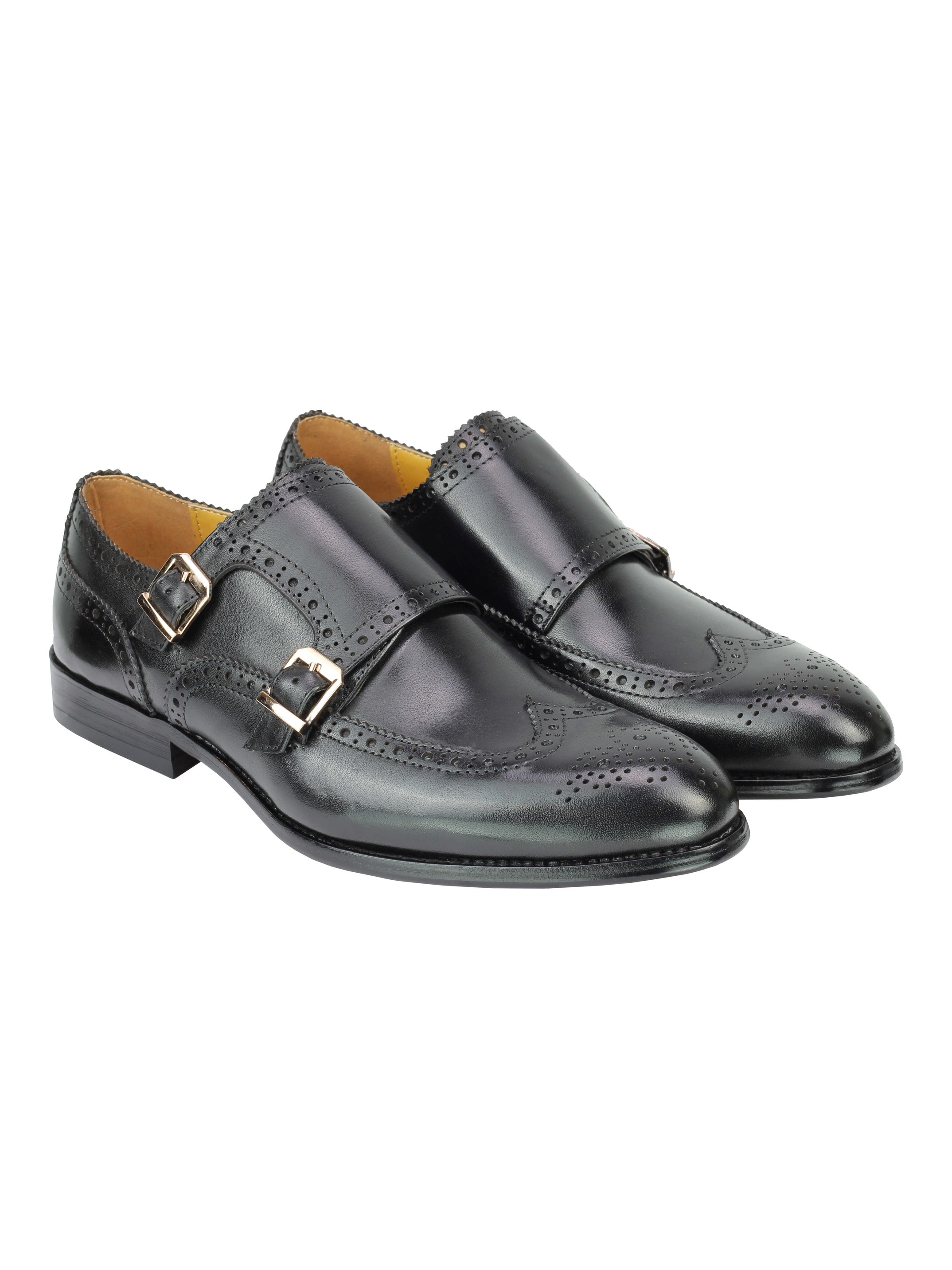 Real Leather Black Brogue Monk Shoes