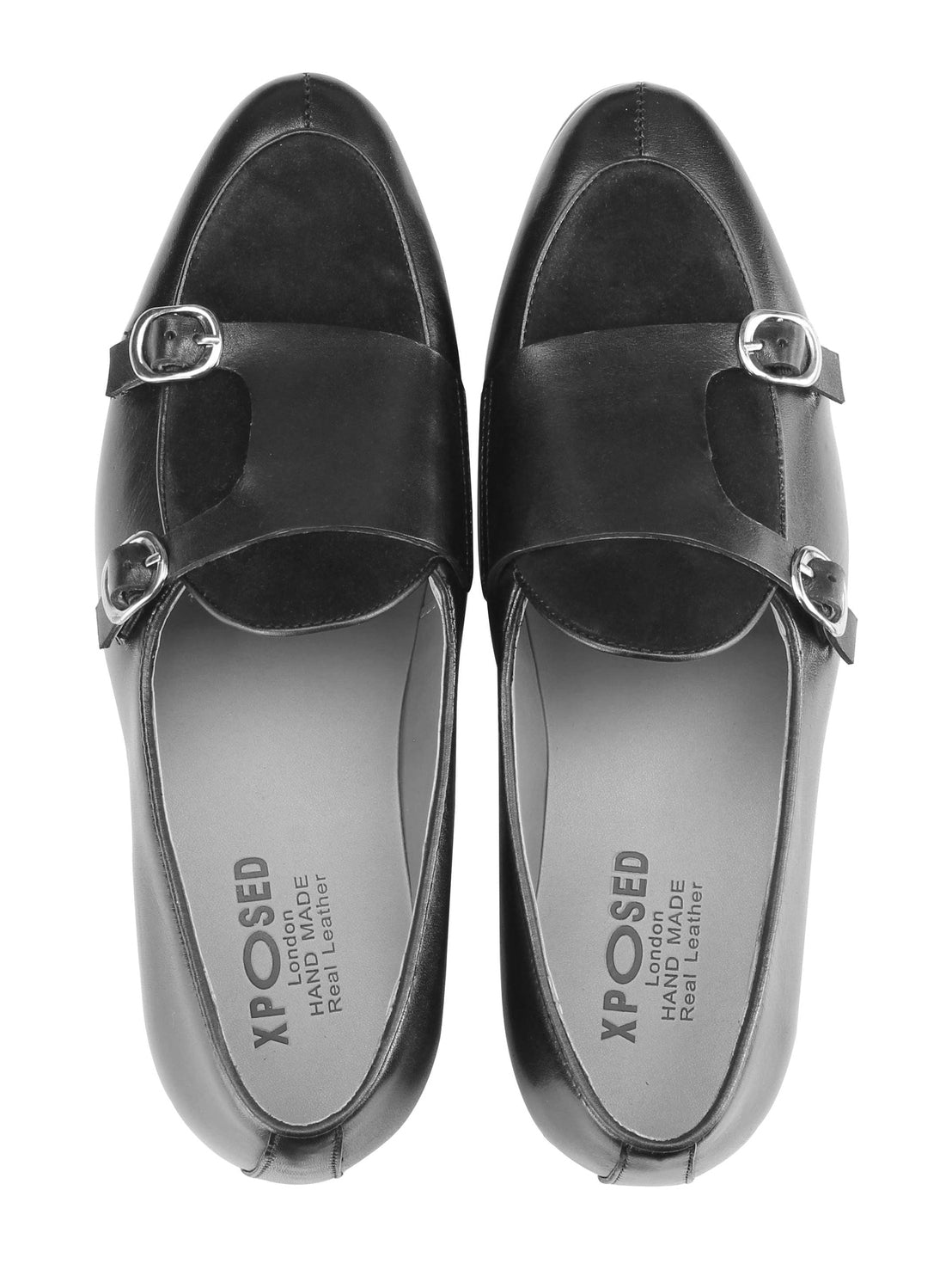 Real Leather Double Monk Strap Black Loafers