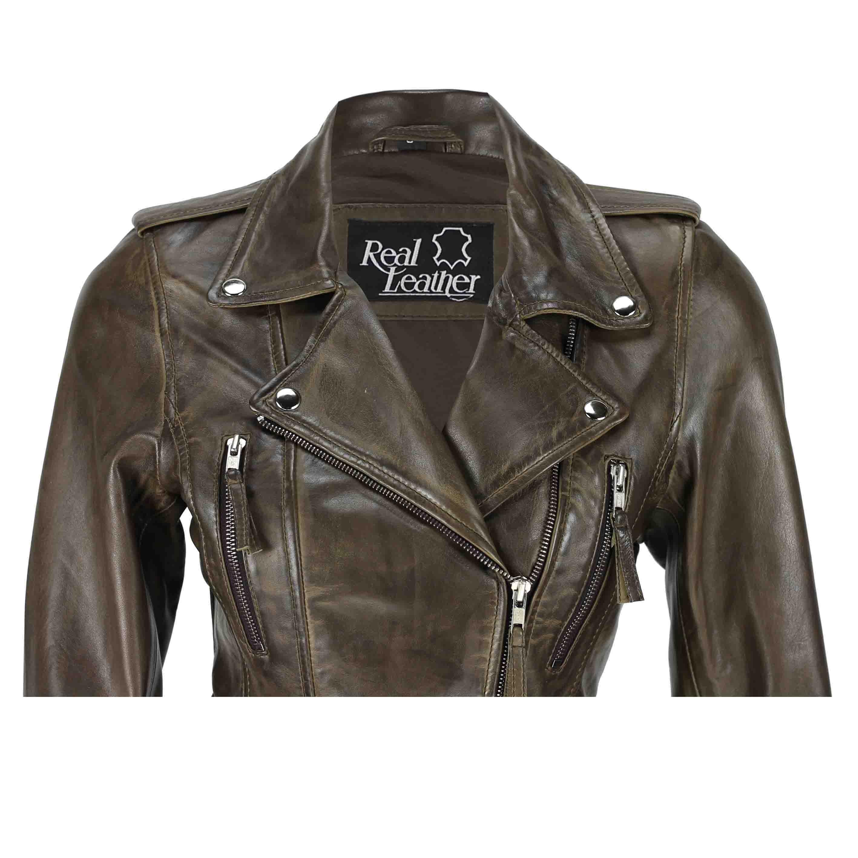 Fitted Leather Biker Jacket Brown