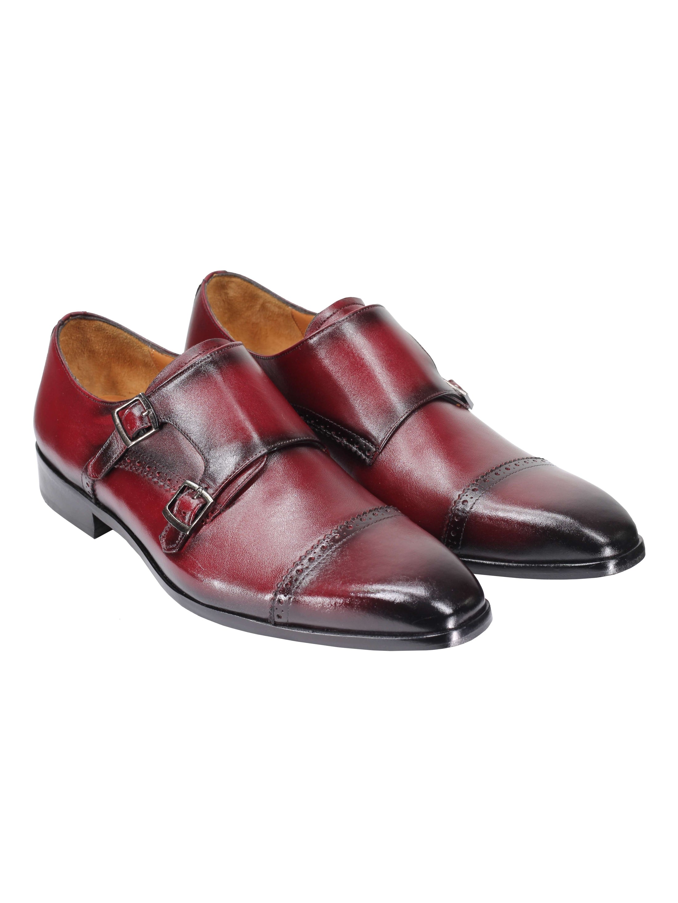 MAROON CALF LEATHER SEMI BROGUE MONK SHOES