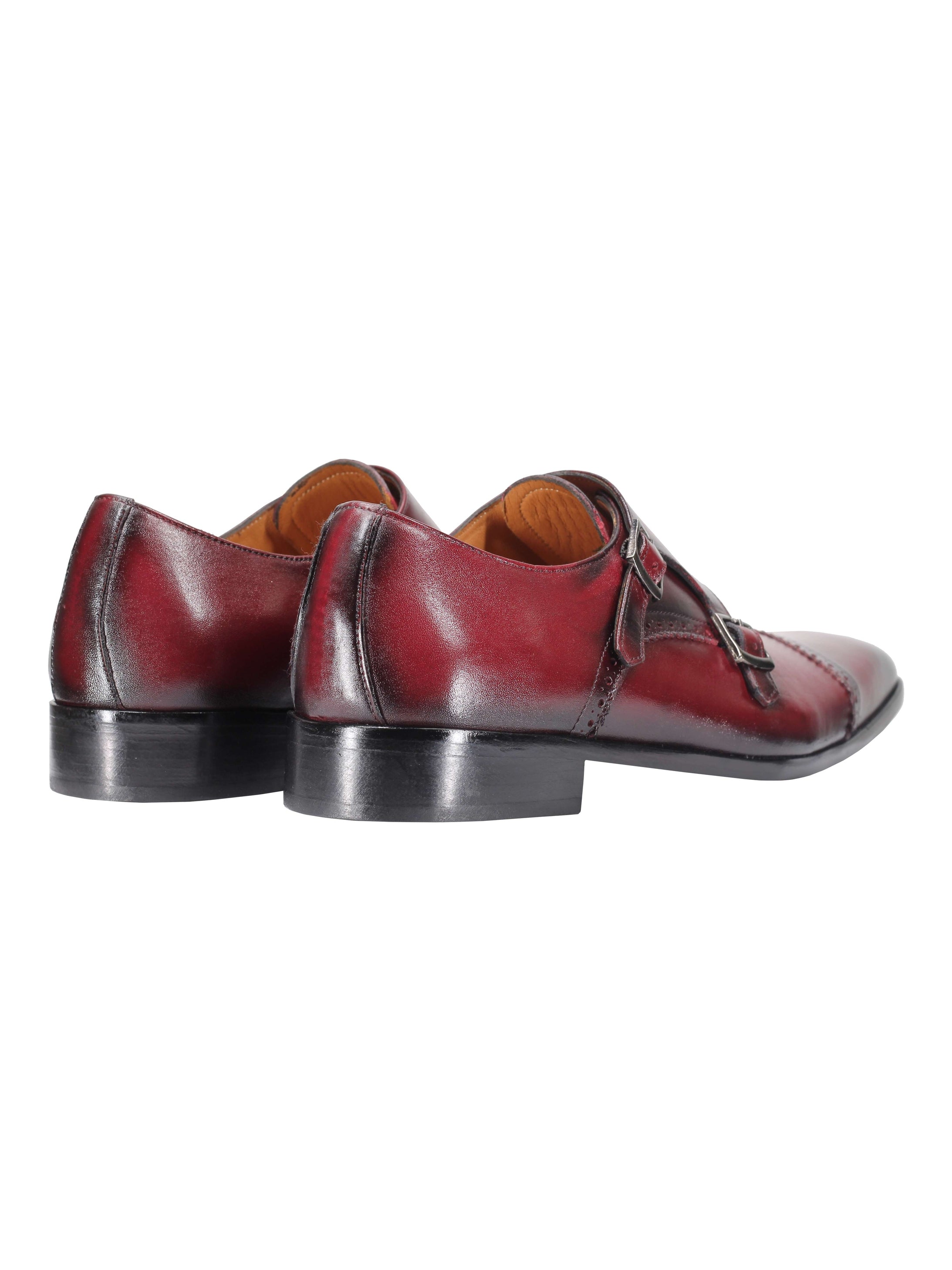 MAROON CALF LEATHER SEMI BROGUE MONK SHOES