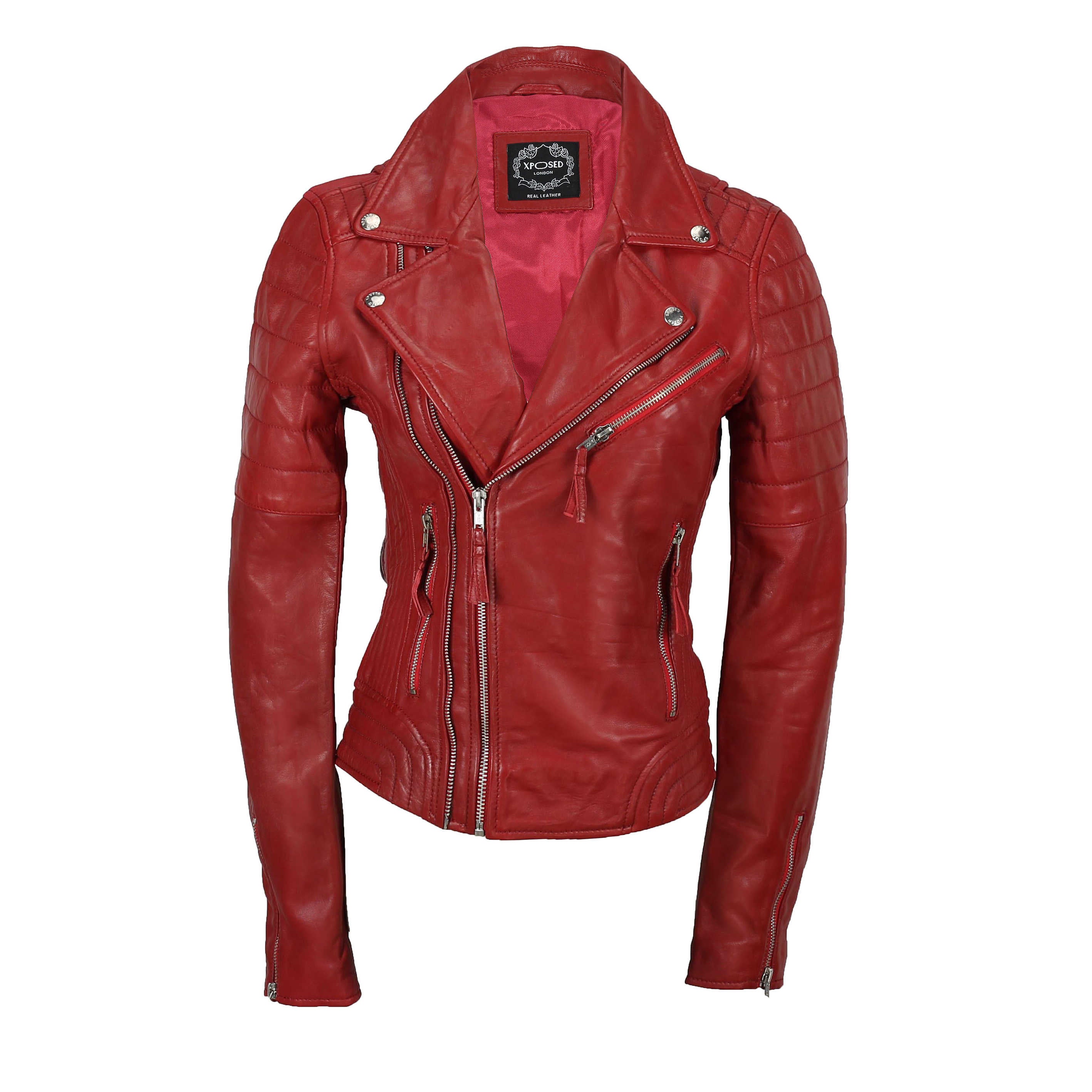 LADIE'S SLIM FIT BIKER JACKET IN RED