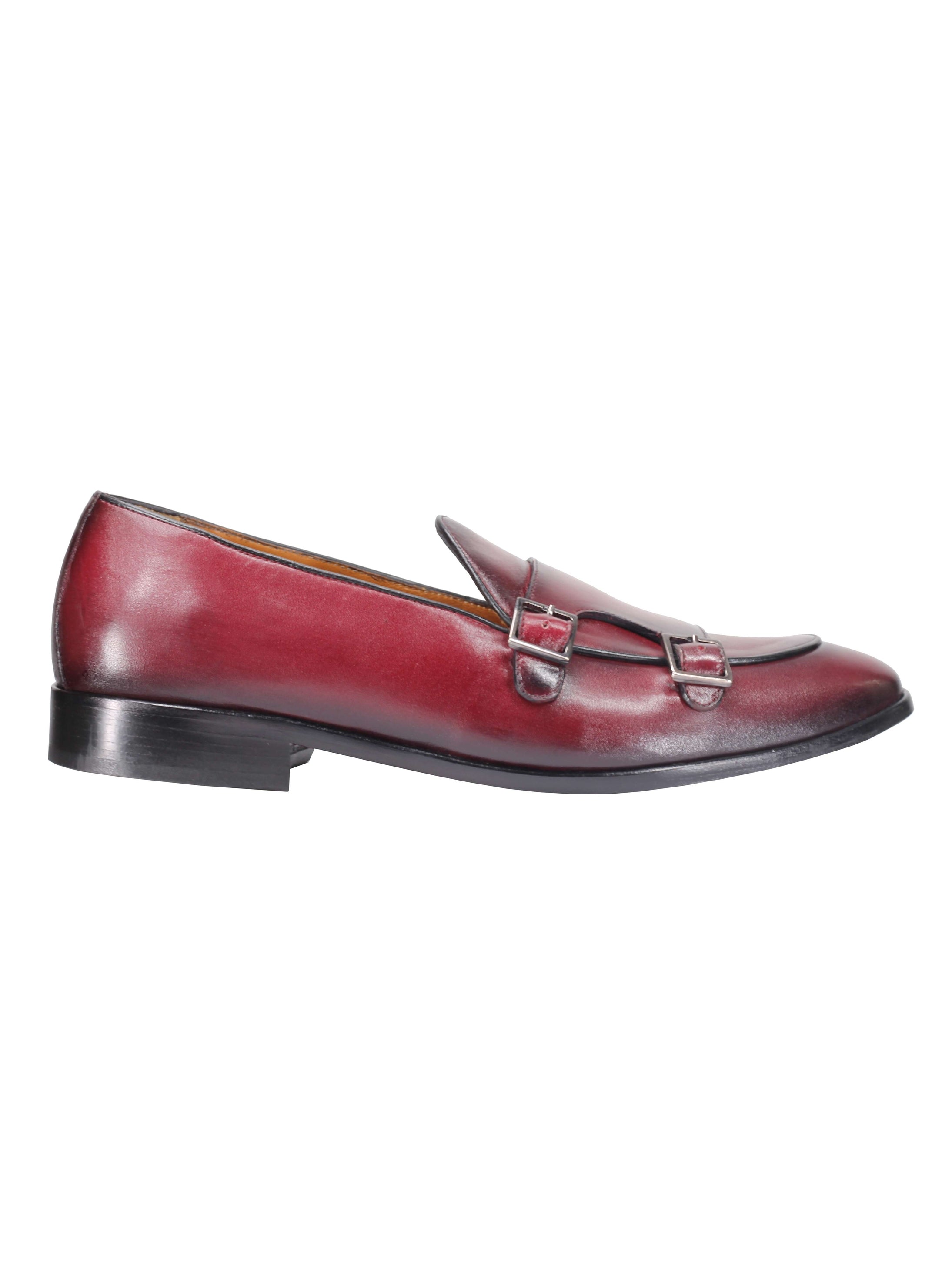 Real Leather Double Monk Shoes in Wine