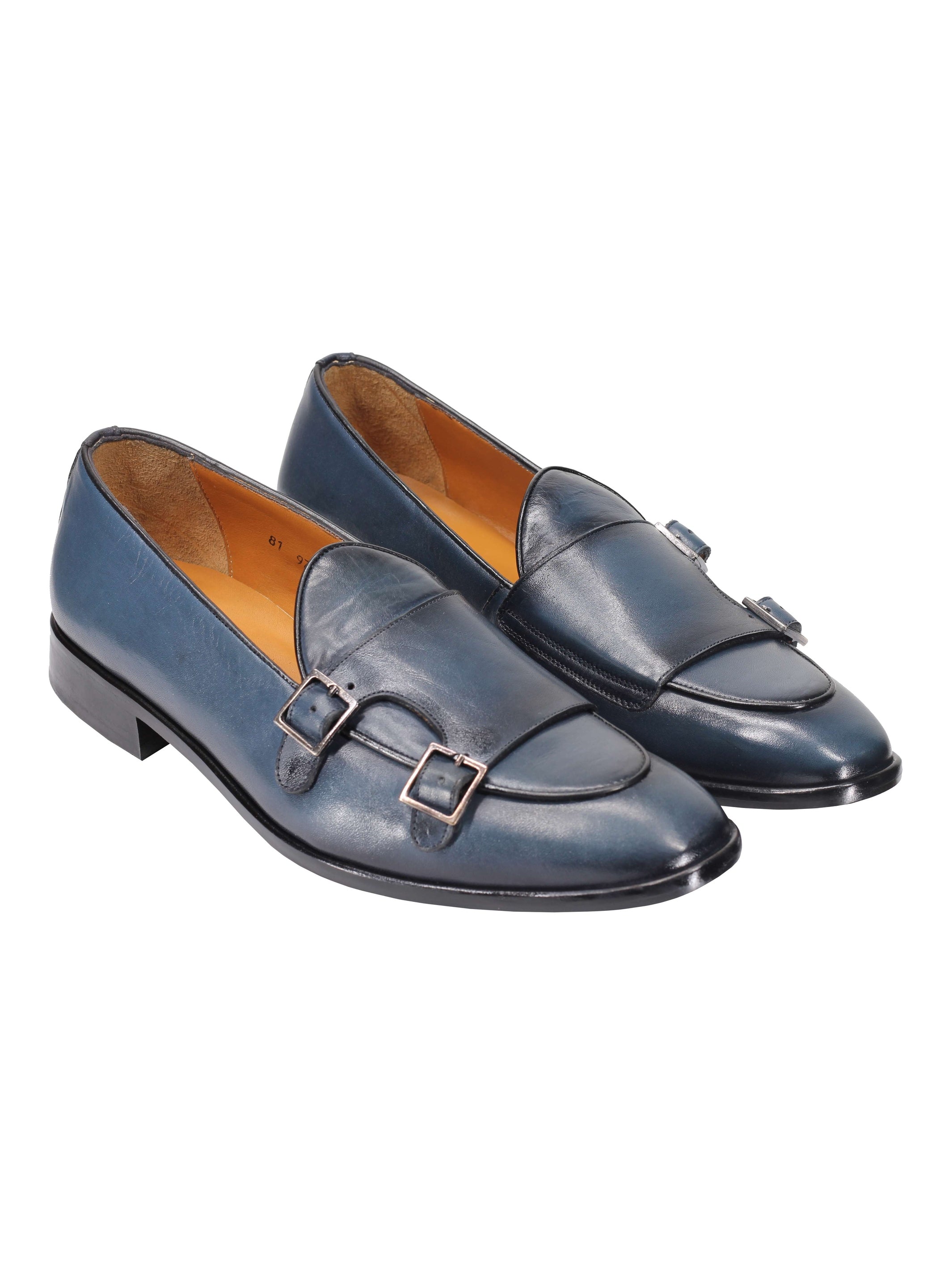 Blue Calf Leather Double Monk Loafers