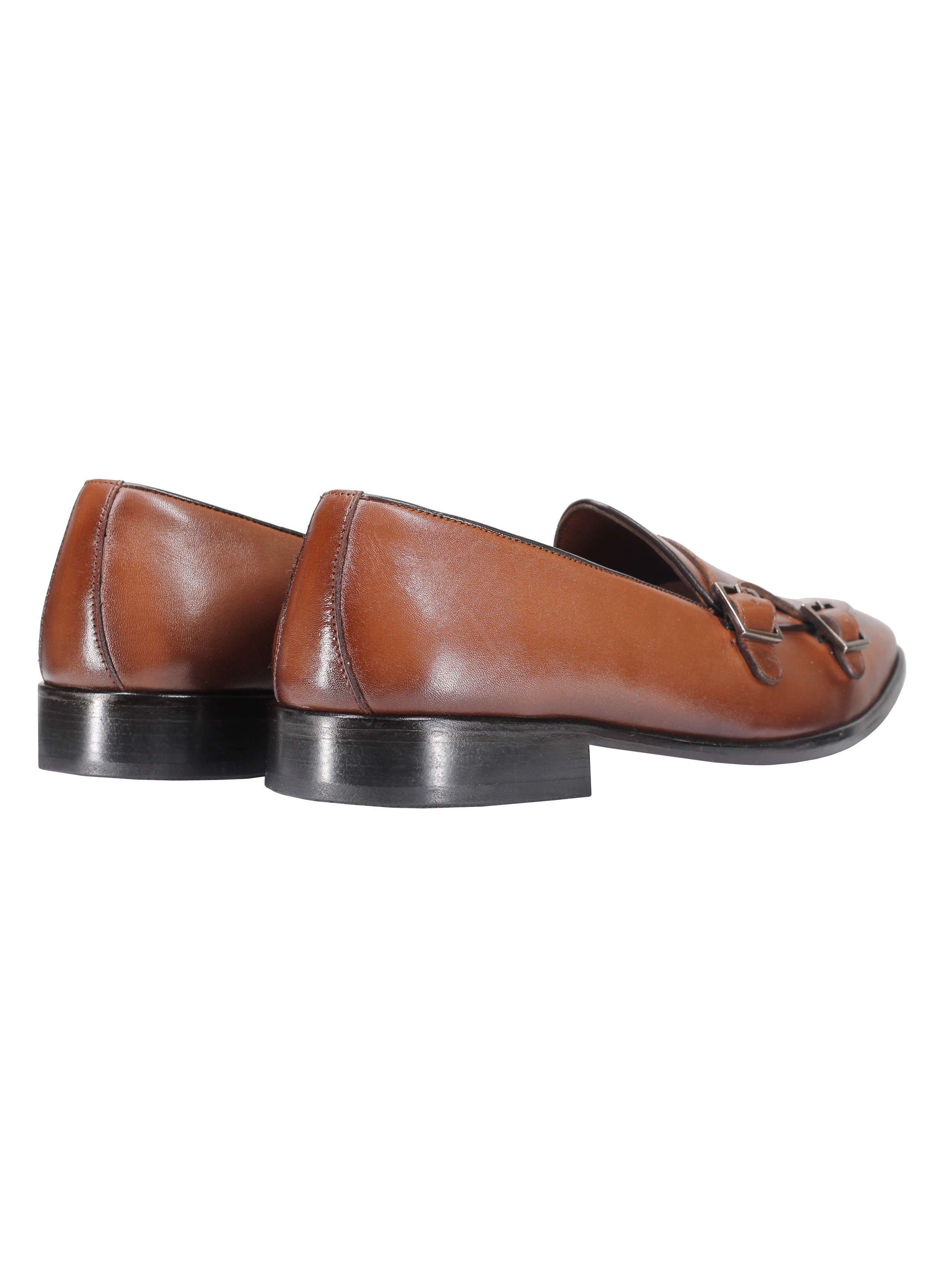 Tan Calf Leather Double Monk Shoes