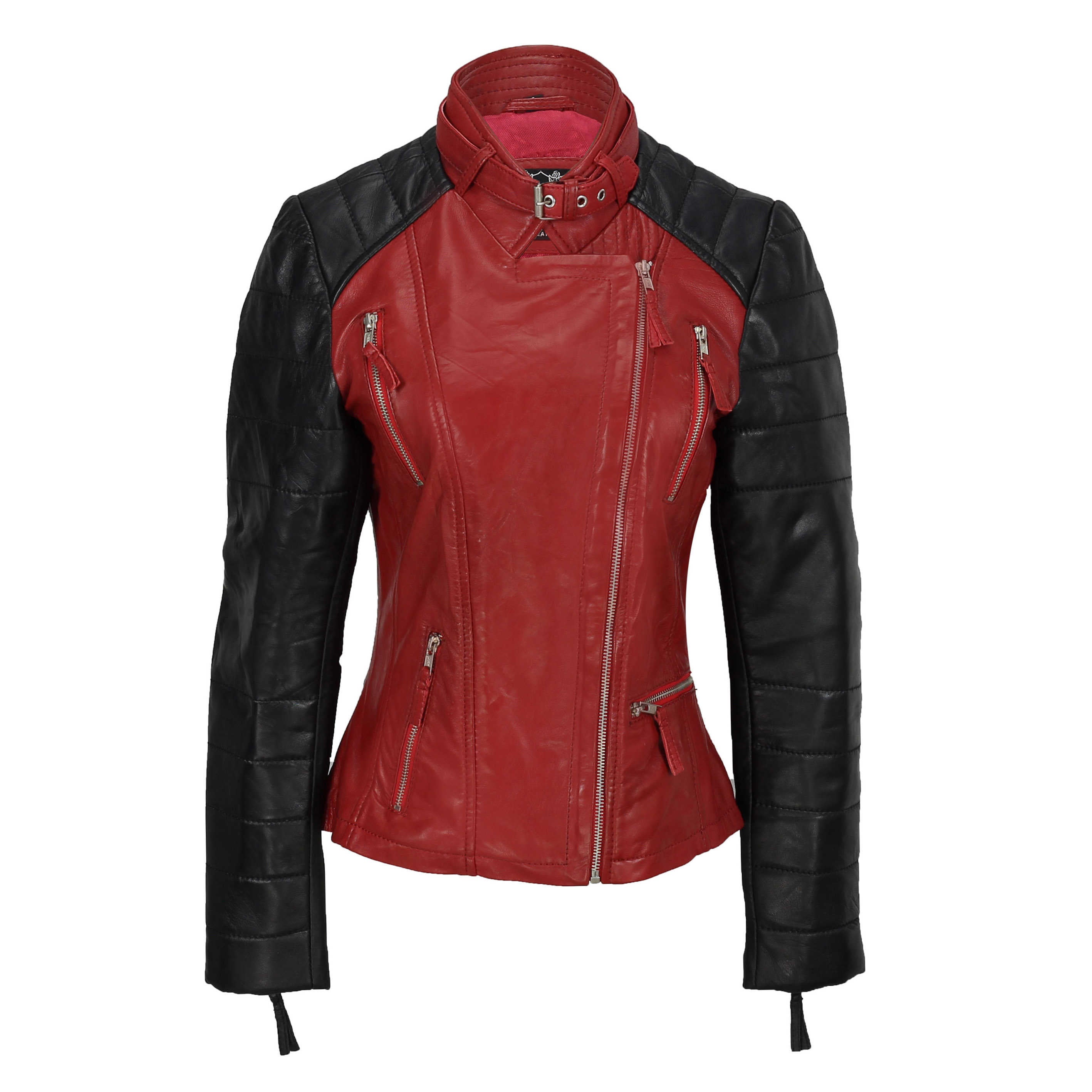 LADIES RED BLACK VINTAGE BIKER JACKET