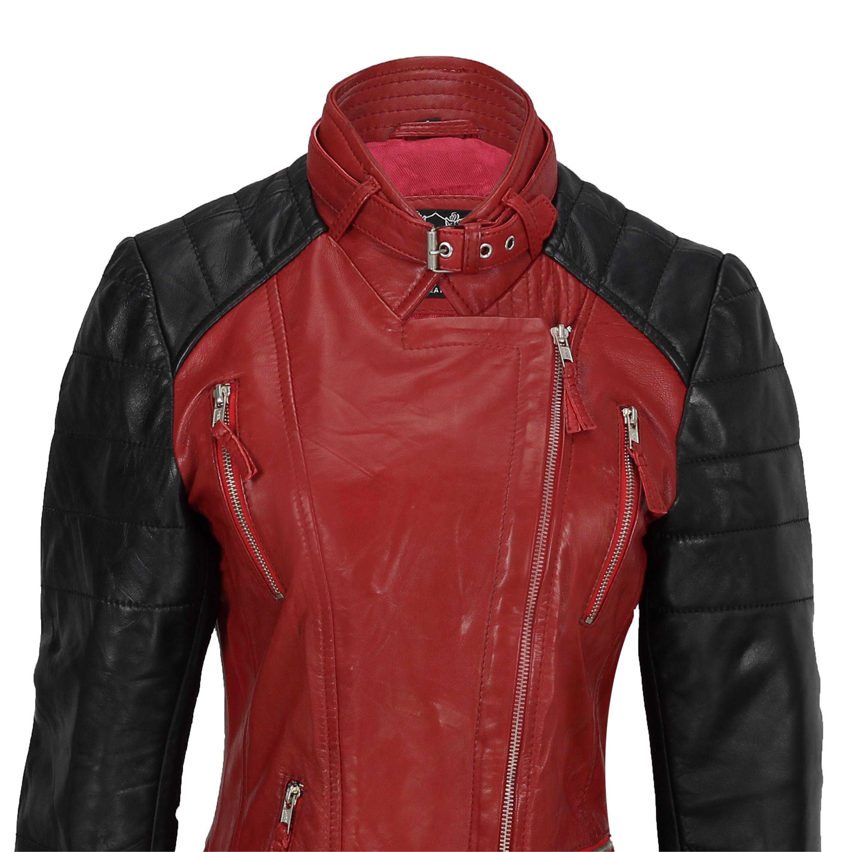 LADIES RED BLACK VINTAGE BIKER JACKET