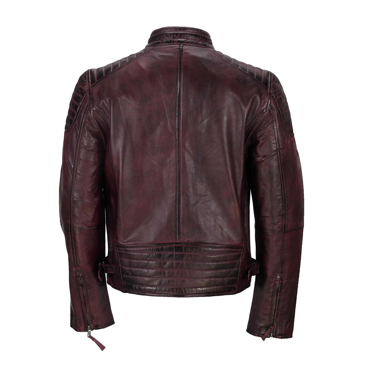 Mens Real Leather Biker Jacket In Washed Antiqued Maroon Vintage Slim Fitted