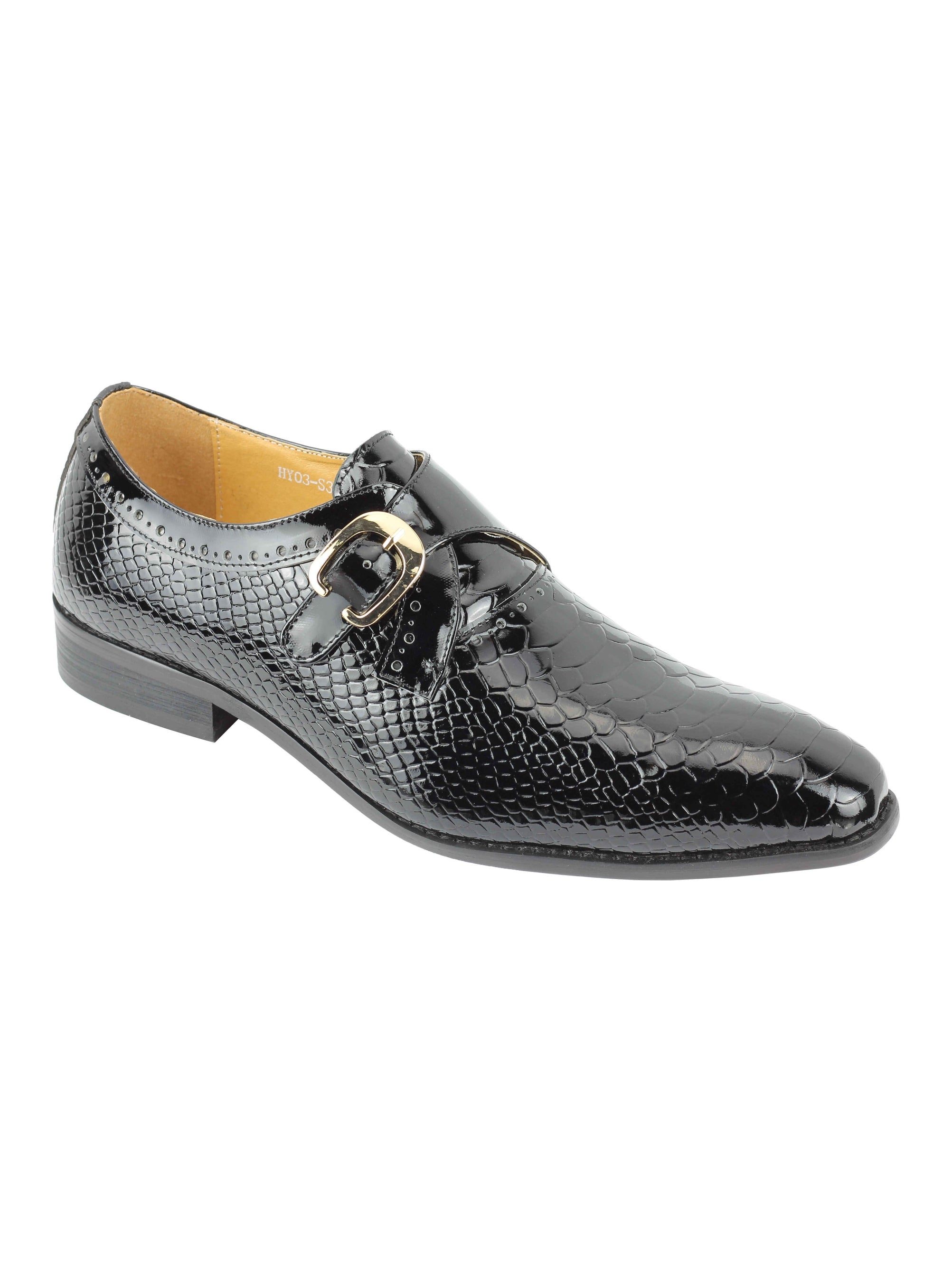 Black Printed Leather Shoes With Monk