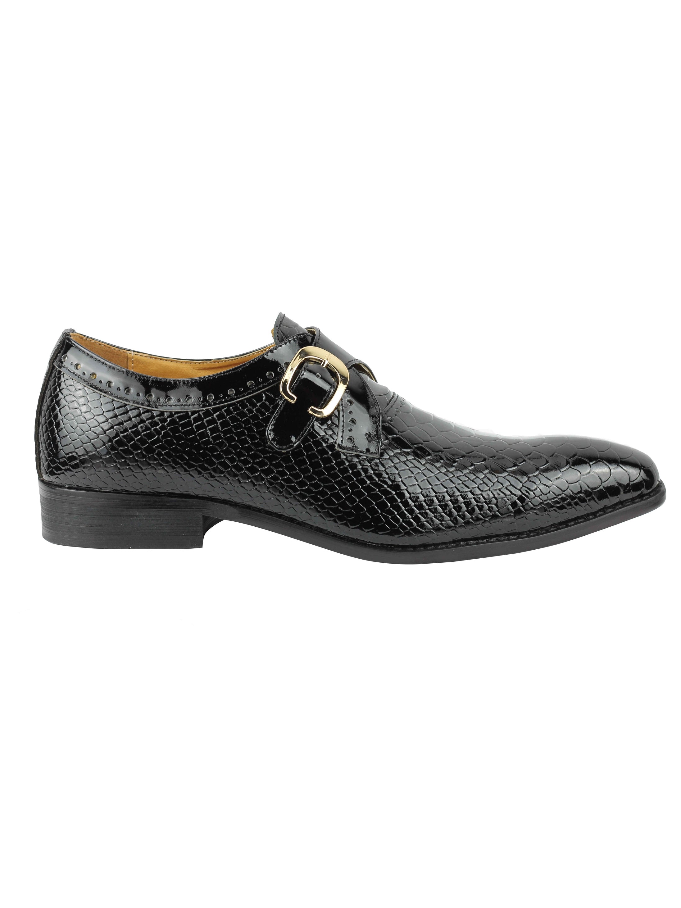 Black Printed Leather Shoes With Monk