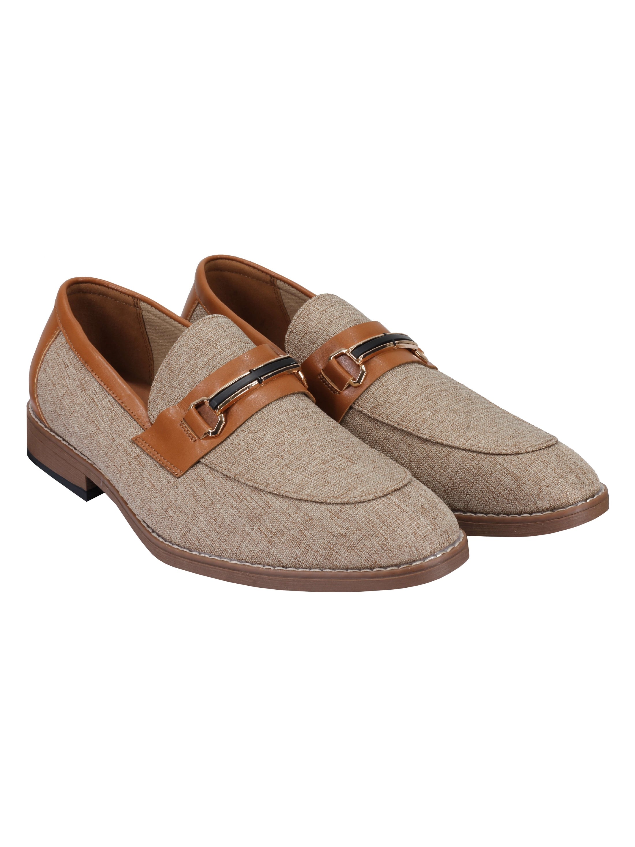 LINEN FABRIC LOAFERS WITH GOLD BUCKLE