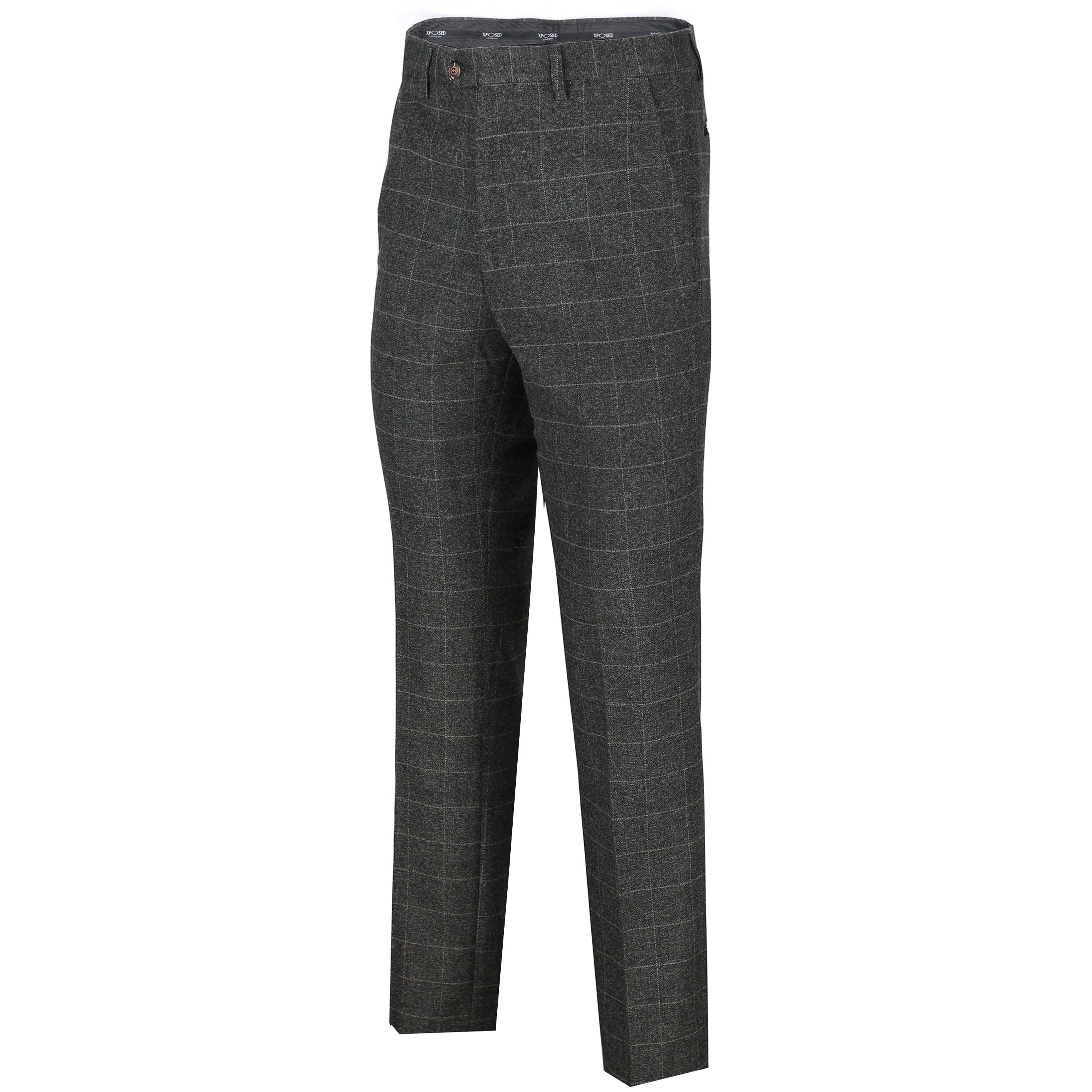 Draco 8 - Mens Charcoal Grey Tweed Herringbone Large Check Slim Fit Trousers