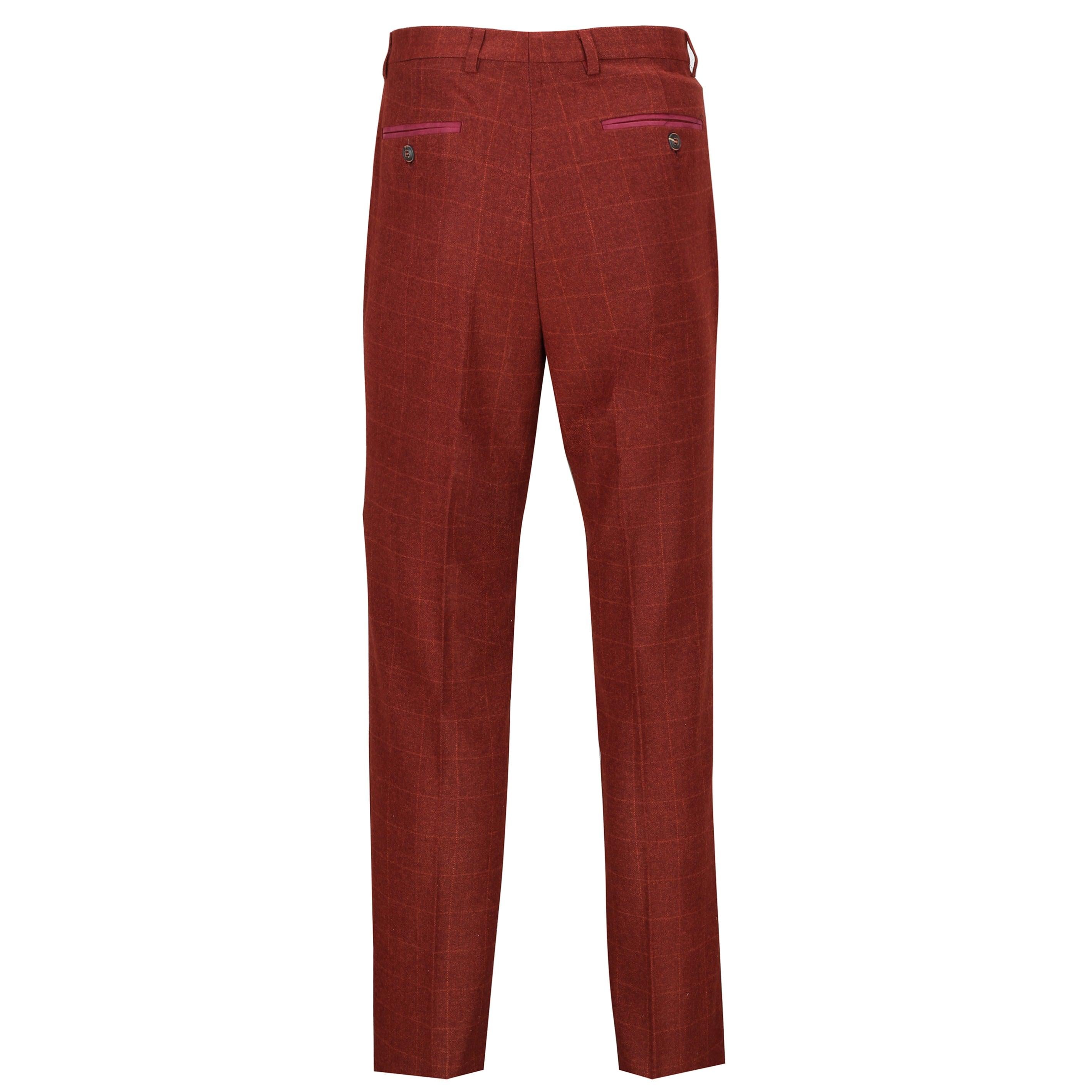 Draco 1 - Mens Maroon Tweed Herringbone Large Check Slim Fit Trousers