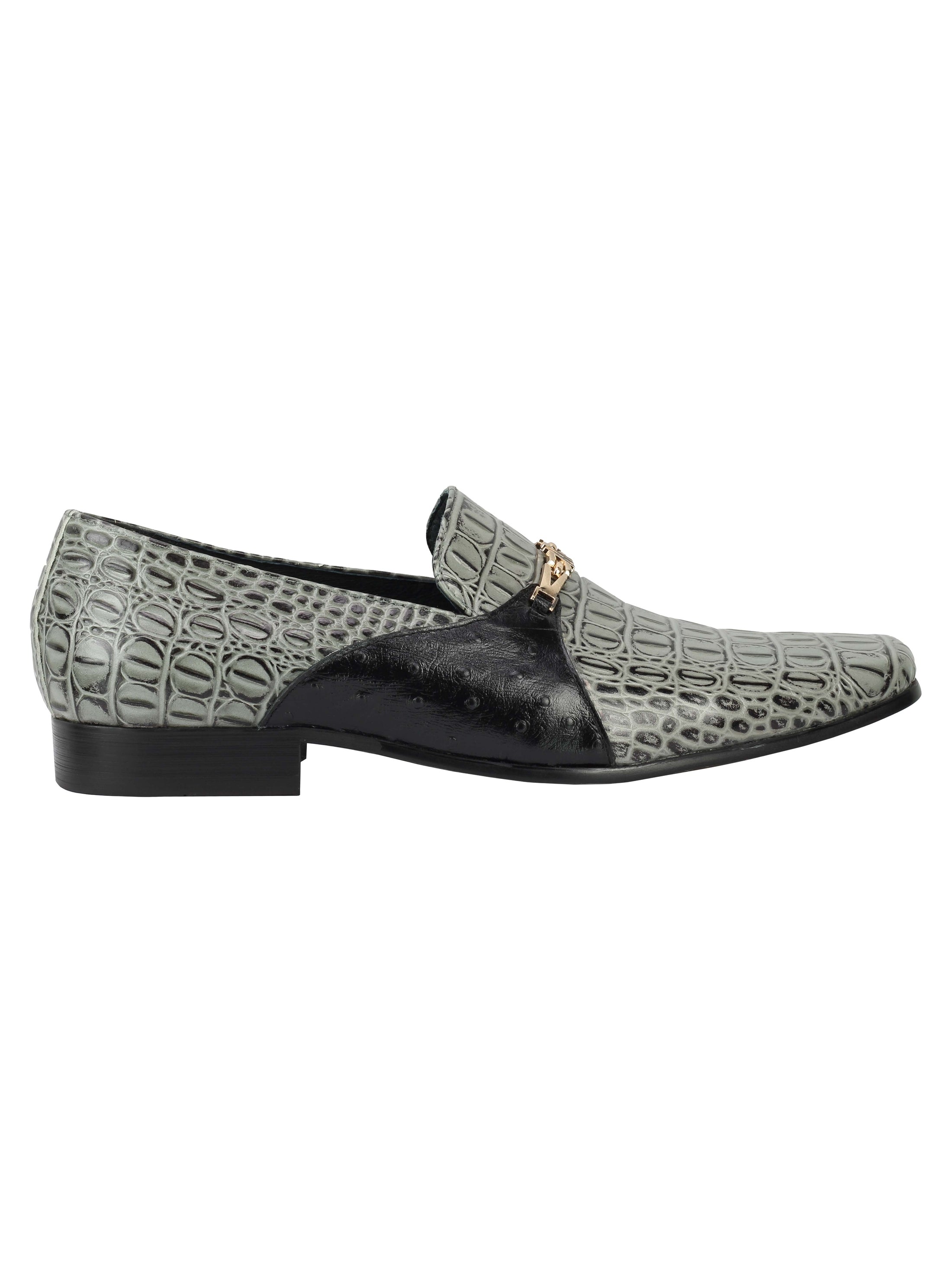 Real Leather Grey Croc Effect Gold Buckle Shoes