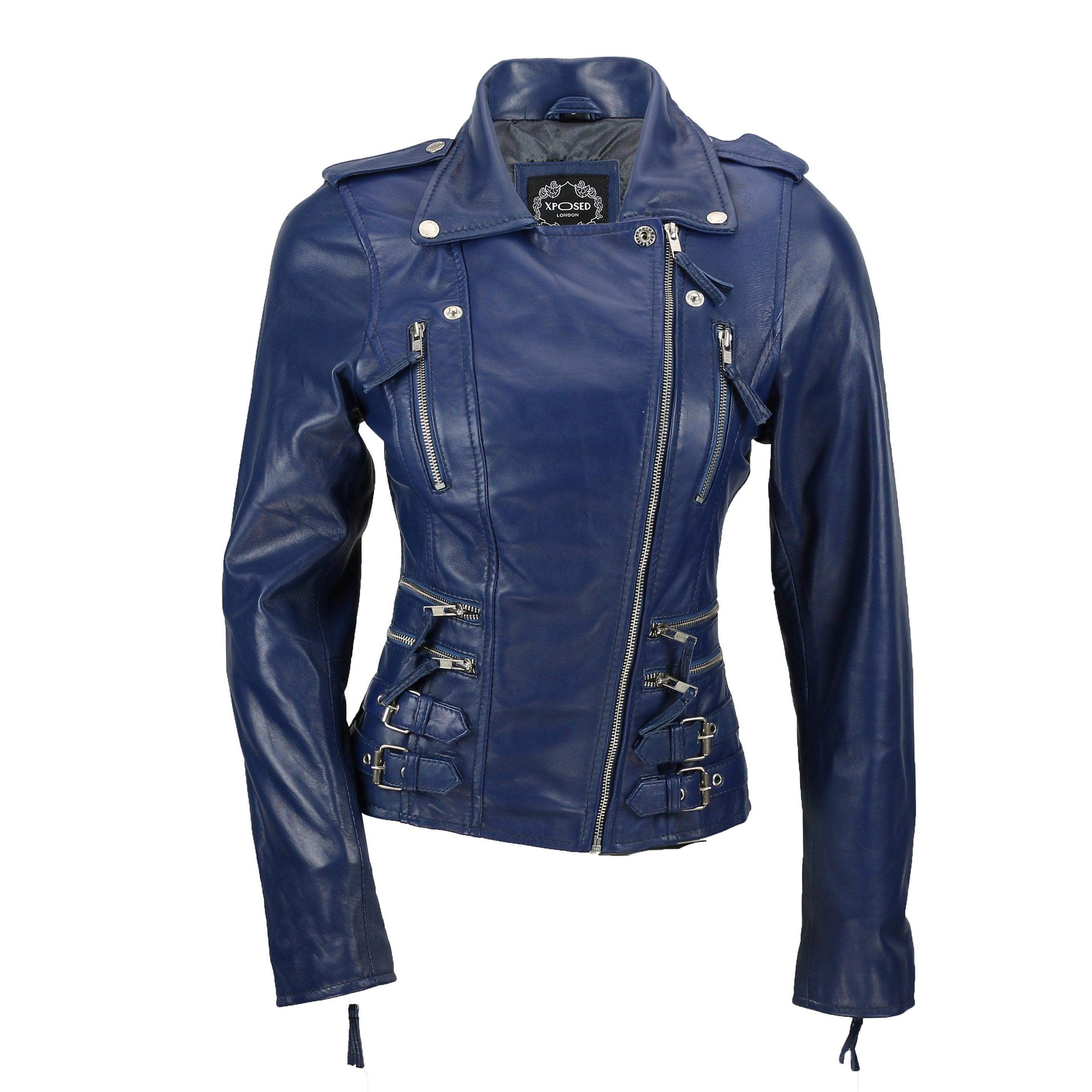 Fitted Leather Biker Jacket Blue