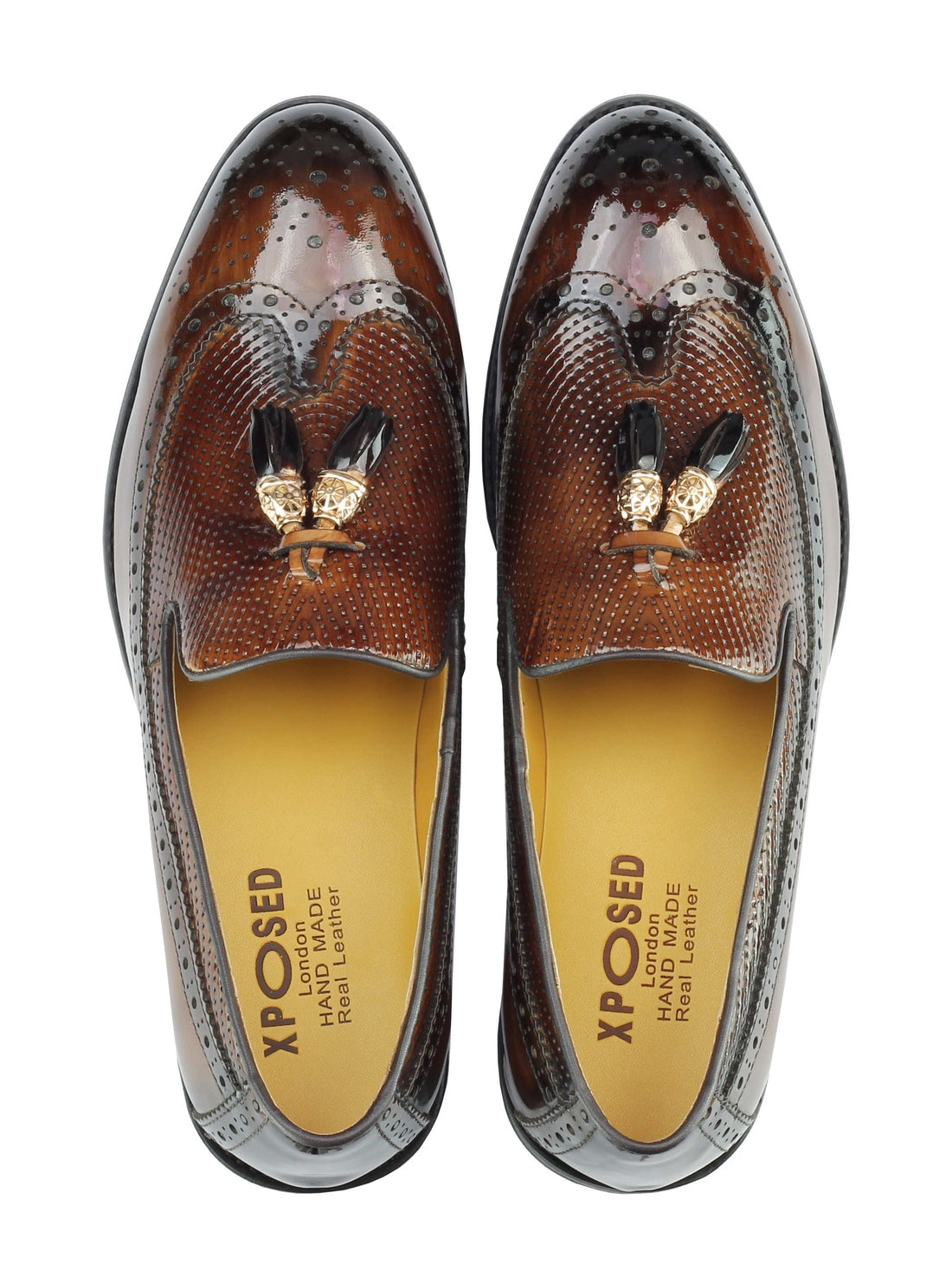 REAL LEATHER SHINY BROWN LOAFERS WITH TASSEL