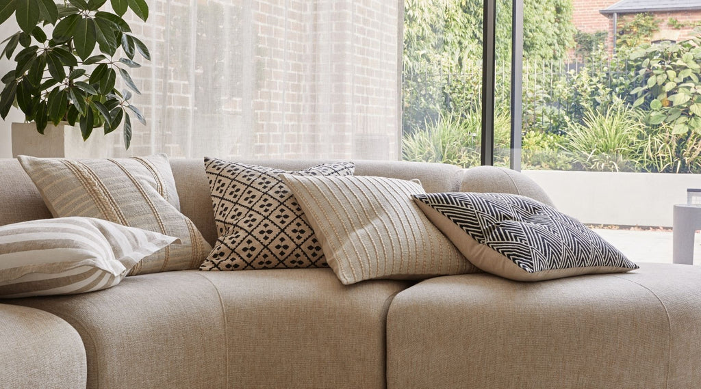 Weave cushions on couch. stylish cushions. 