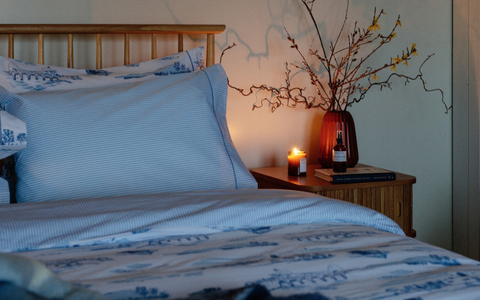 foxford blue toile bedlinen evening shot