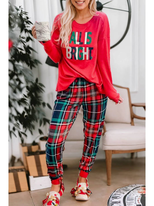Red Christmas Print Henley Top Pajama Set