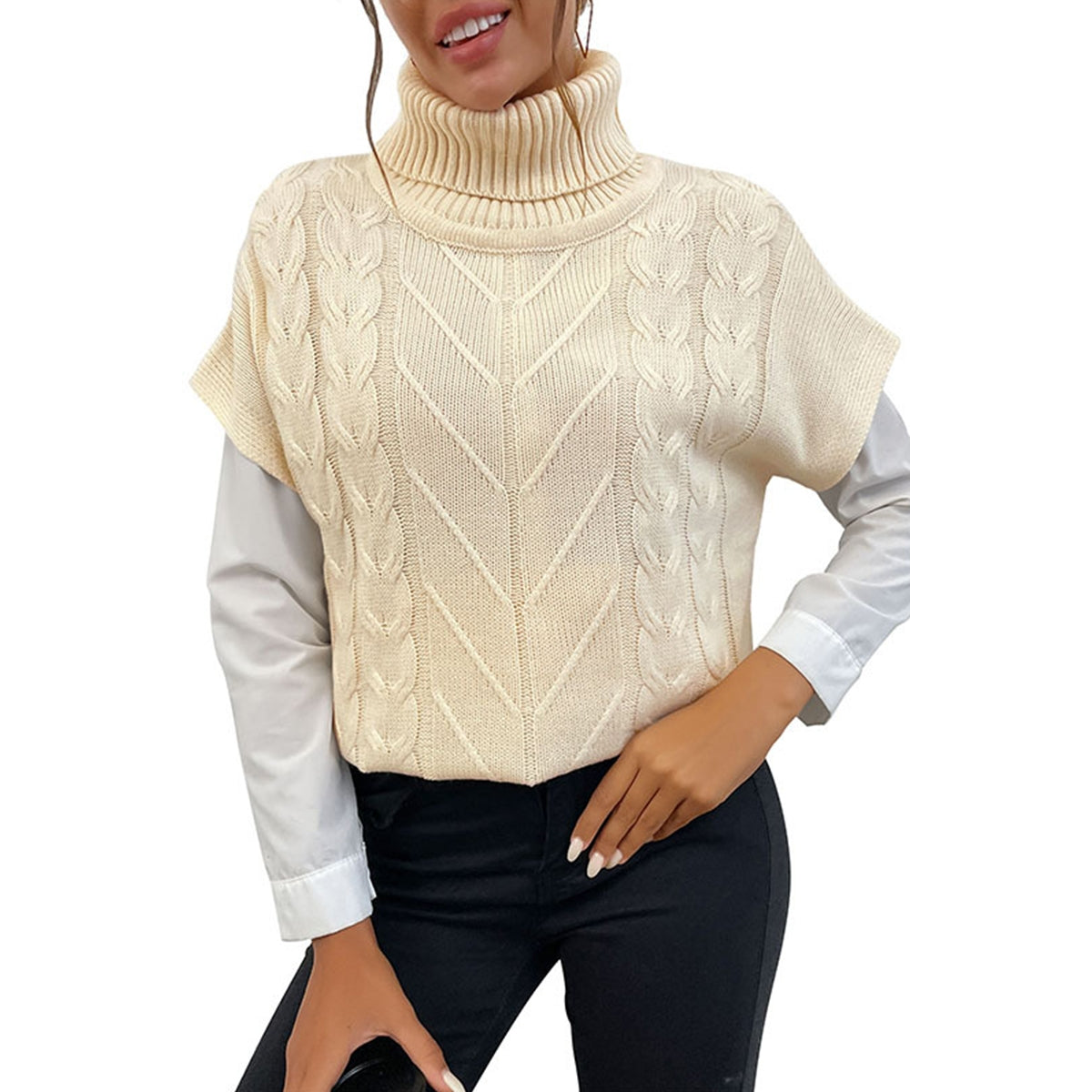 Cable Knit Turtle Neck Short Sleeve Sweater