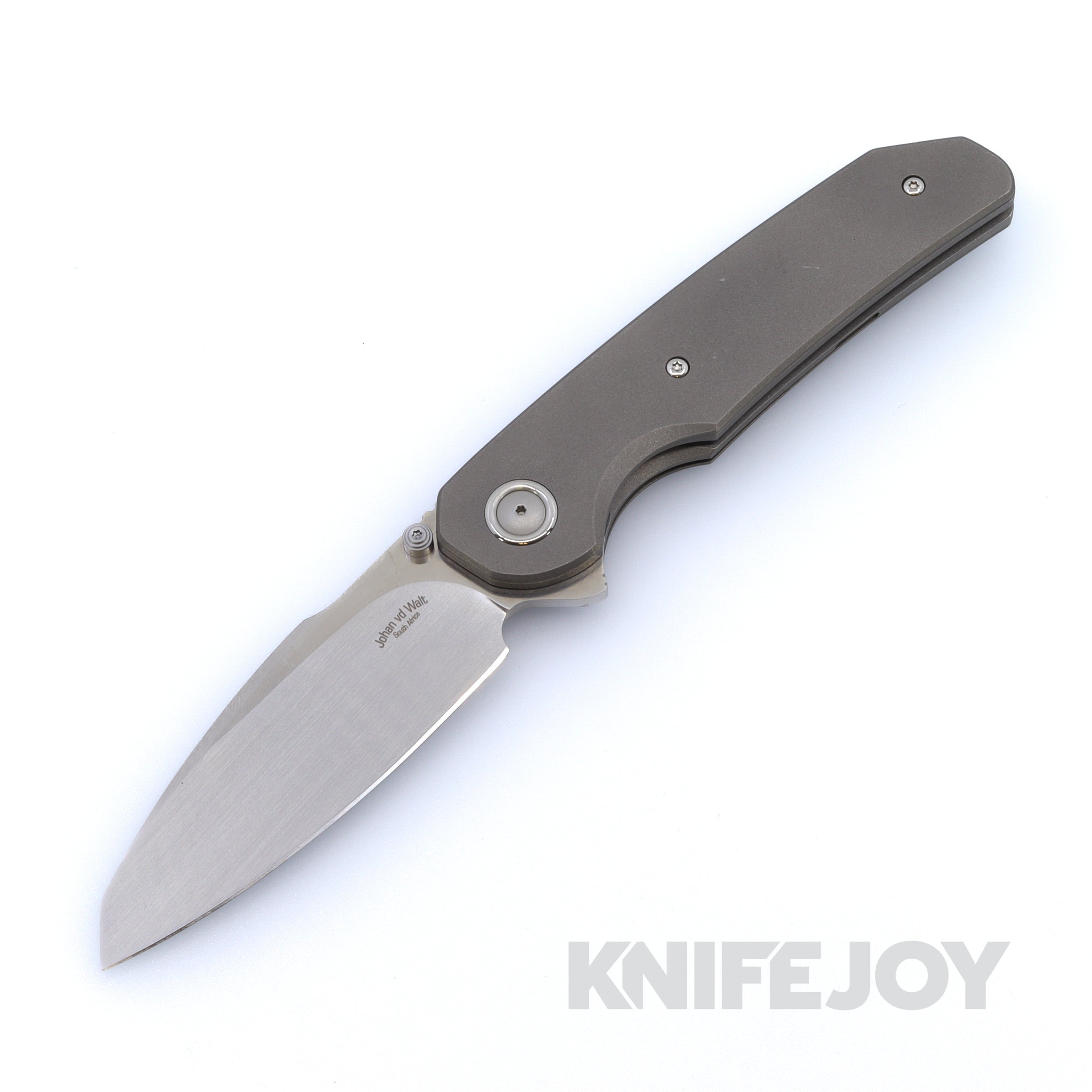 Johan vd Walt JB3Ti Custom Flipper with M390 Modified Sheepsfoot Satin Blade and Blasted / Tumbled Titanium Handles