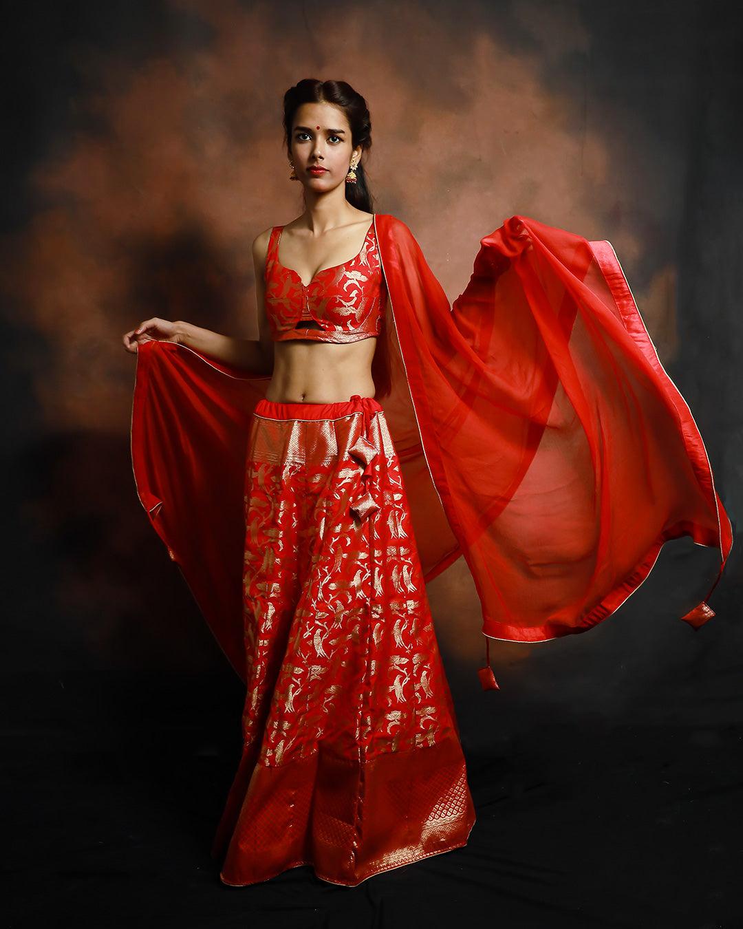 Buy Red Plain Lehenga Paired With An Embroidered Cape And Bando by Designer  JAYANTI REDDY Online at Ogaan.com