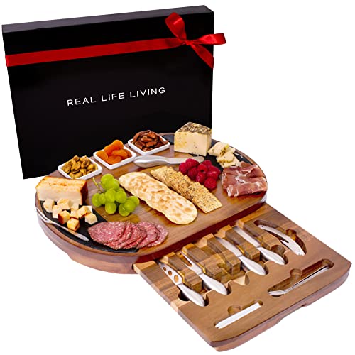 Charcuterie Board Gift Set. Acacia Wood Luxury Cheese Board with Stainless Steel Knives, Slates and Bowls. Housewarming Gift, Wedding Gift for Couple, Bridal Shower Aperitif Board