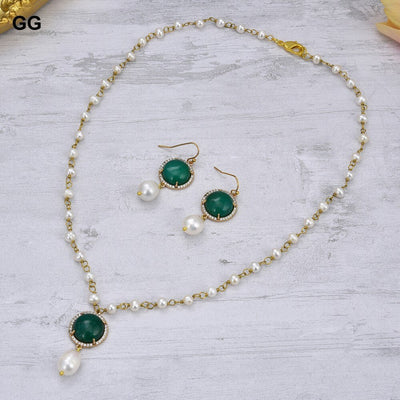 White Pearl Green Jades Necklace Earrings Sets