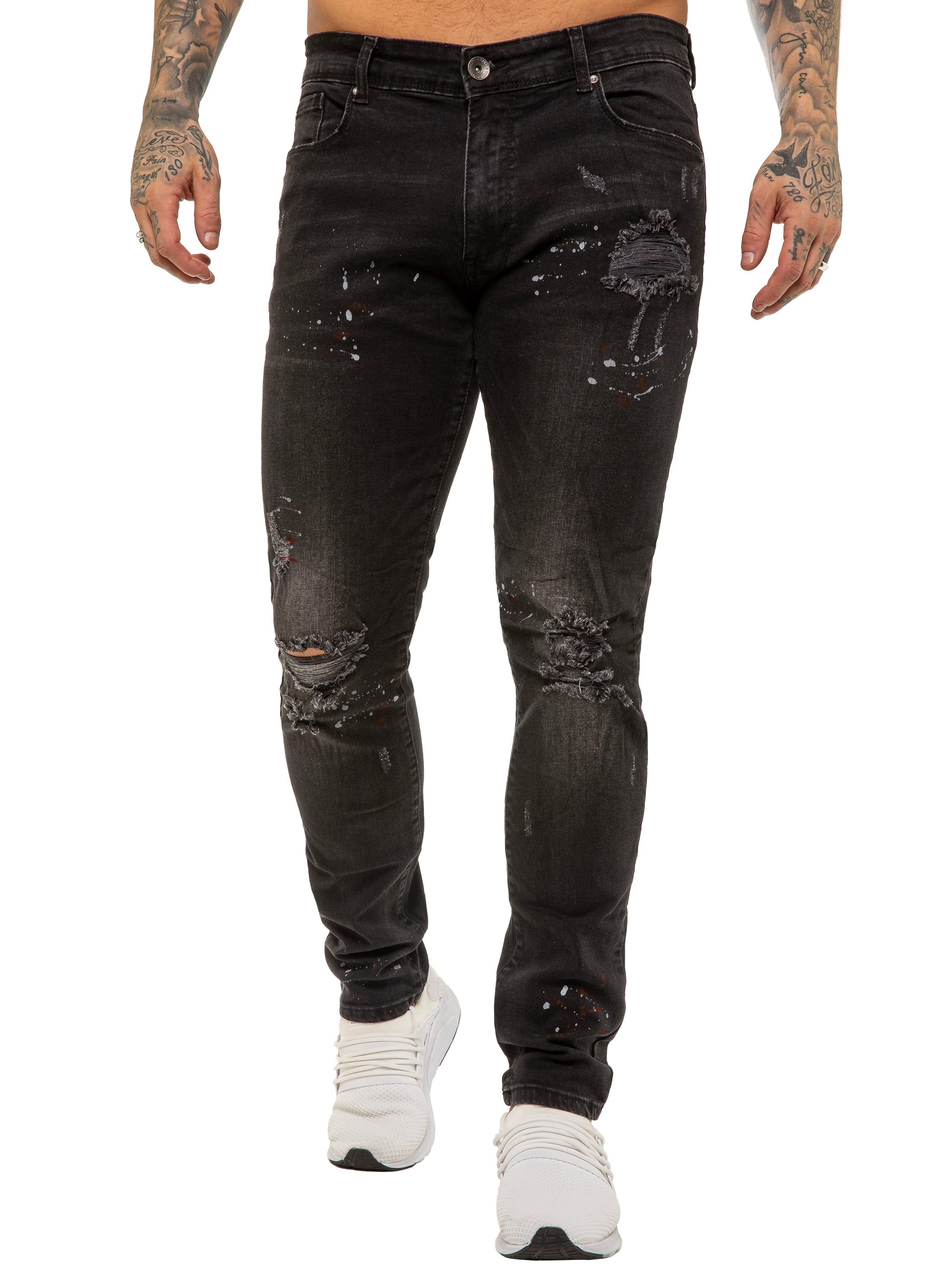 mens skinny ripped splash jeans stretch denim | enzo designer menswear