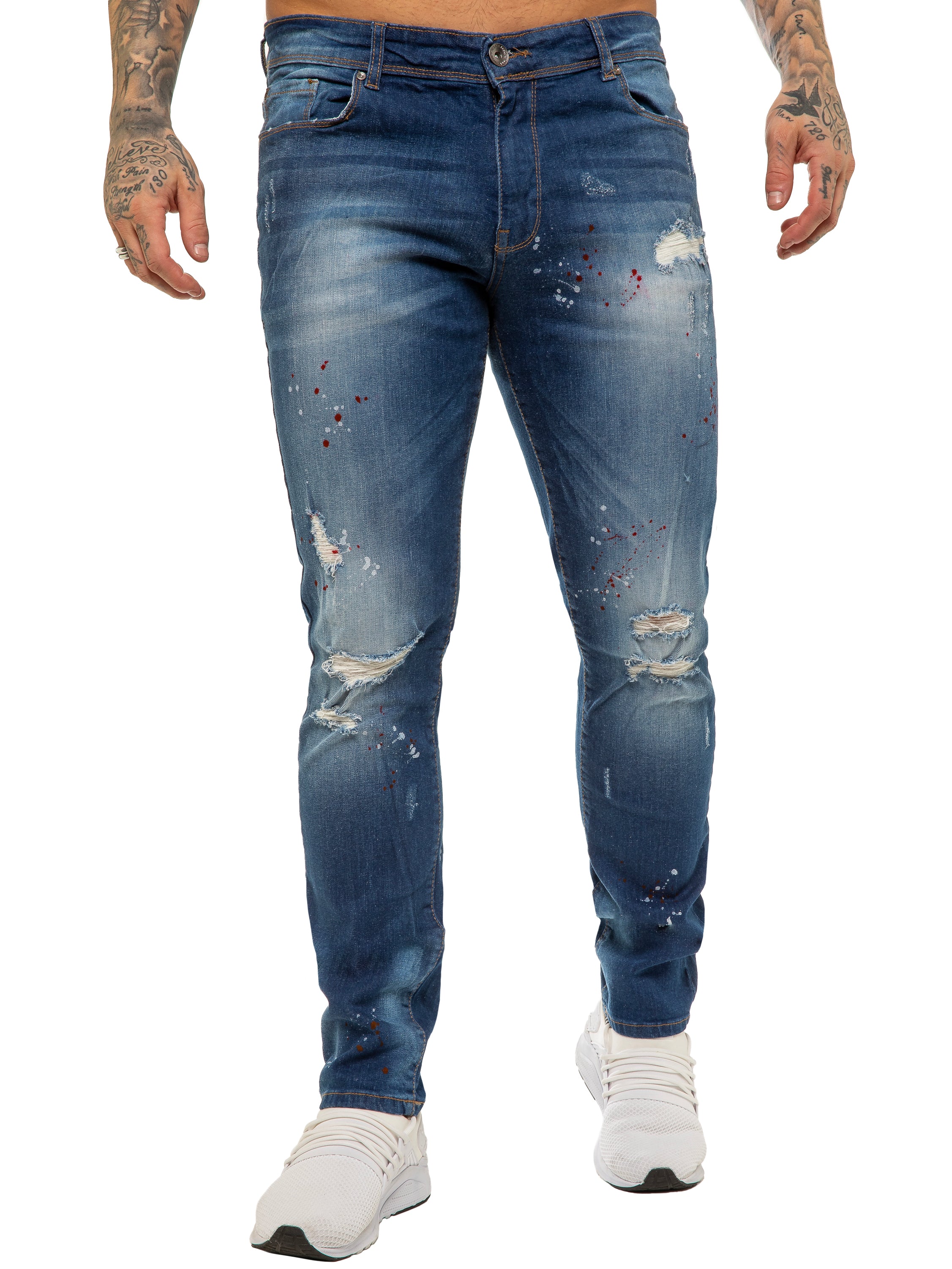 Mens Skinny Ripped Splash Jeans Stretch Denim | Enzo Designer Menswear