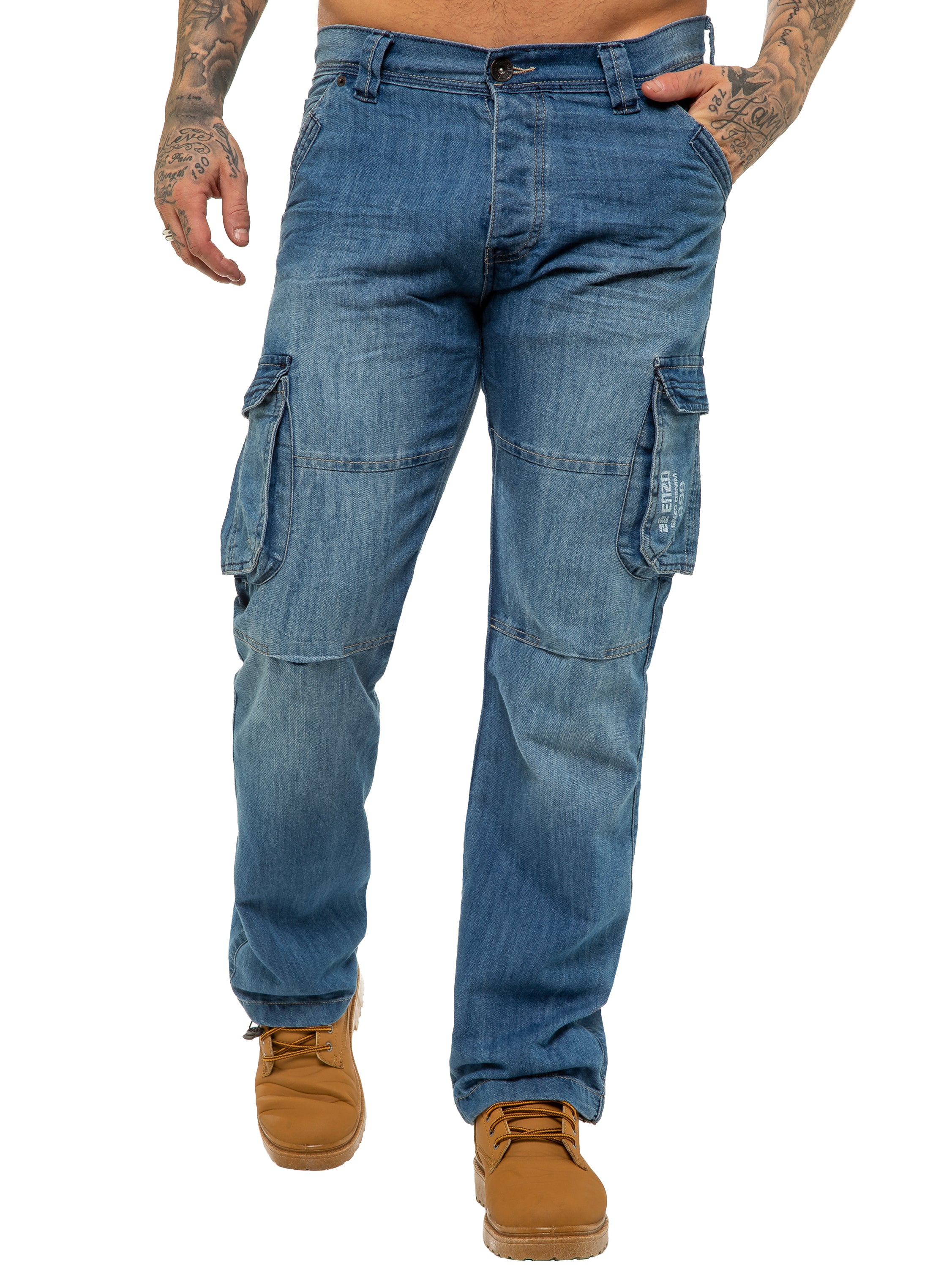 Mens Light Blue Combat Denim Jeans Mid Stonewash | Enzo Designer Menswear