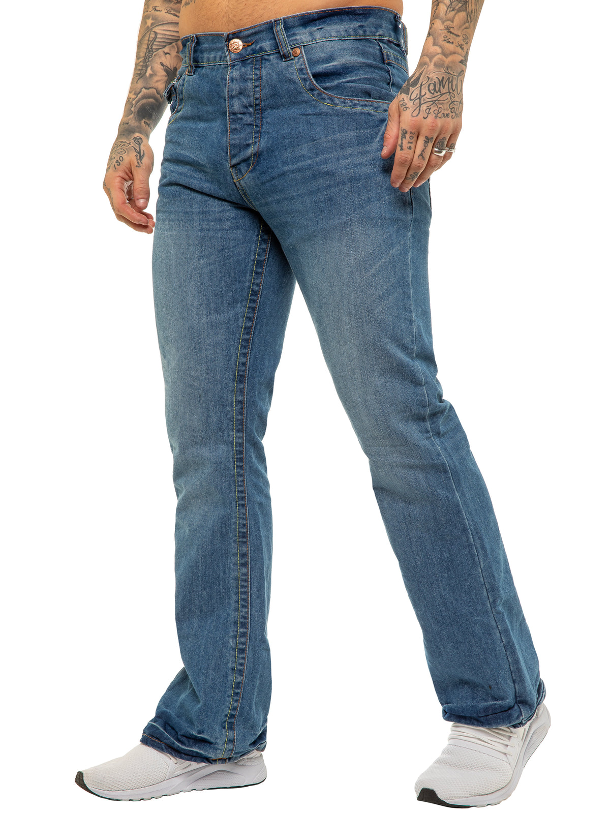 Kruze Denim Bootcut Jeans Mens Wide Leg Flare Pants Belted Trouser