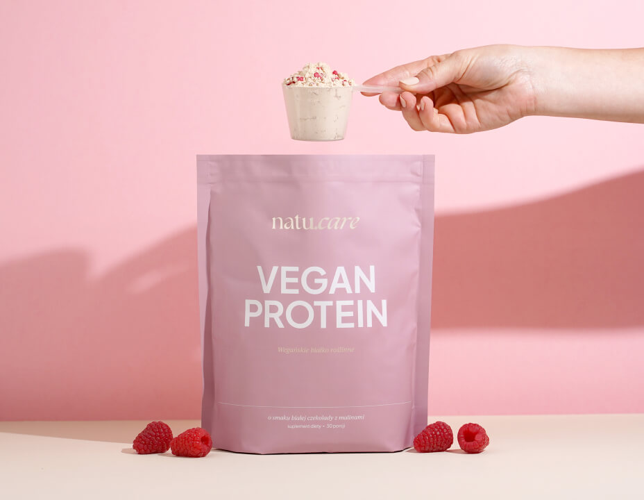 Vegan Protein, biała czekolada - malina