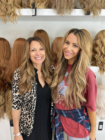 Mom and daughter in U-Shape Topper  Left: U-Shape Topper Medium Brown Balayage w/ rooting service Right: U-Shape Topper Ash Blond w/ rooting service