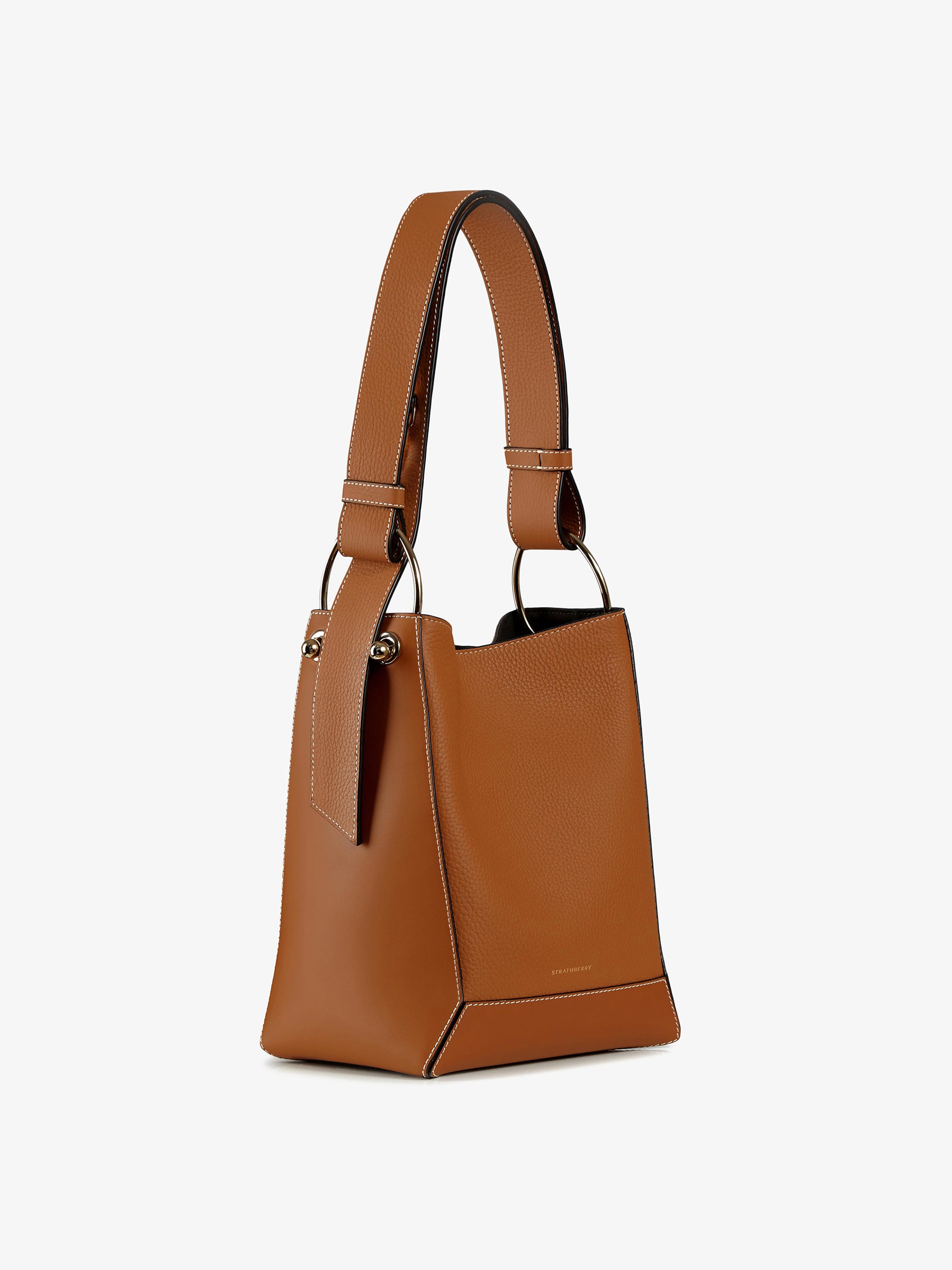 Lana Midi bucket bag in tan leather with white stitching - Collagerie