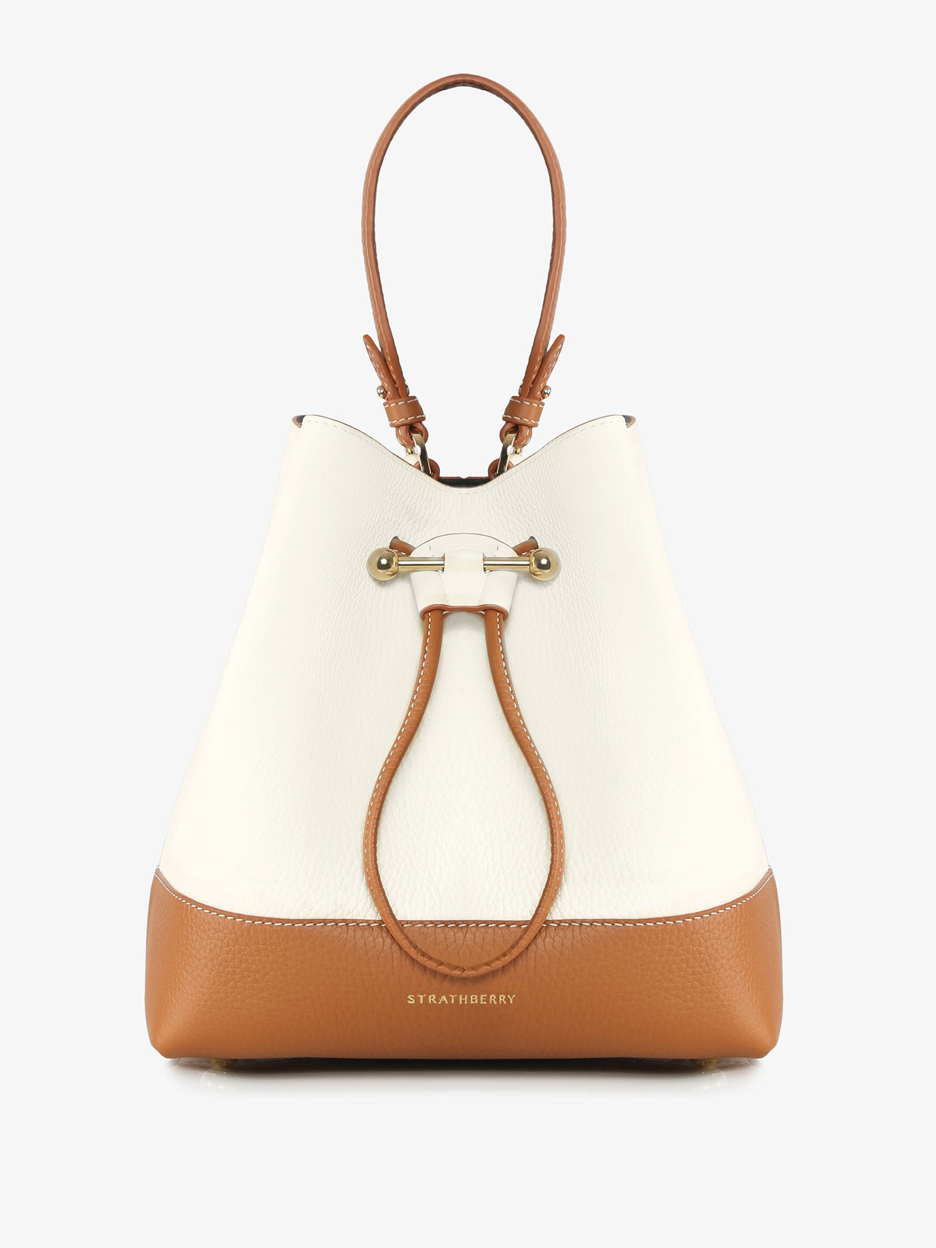 Lana Midi bucket bag in tan leather with white stitching - Collagerie