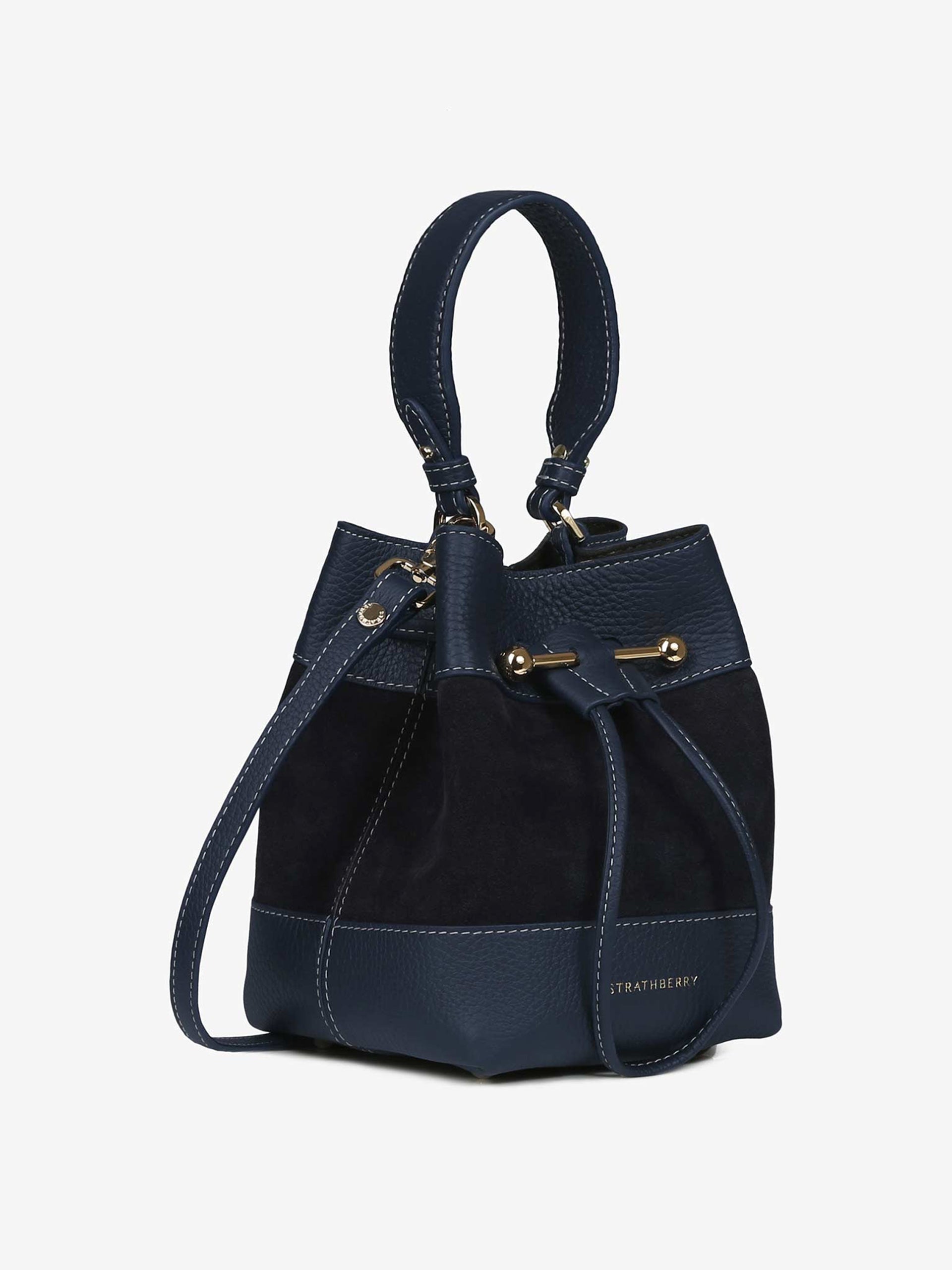 Navy Lana Midi bucket bag with grey stitching - Collagerie