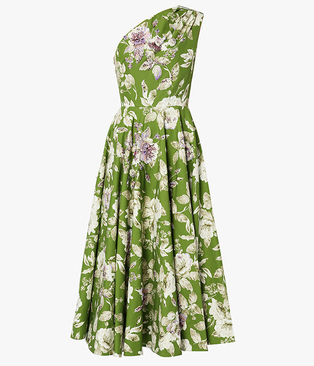 Johanne green floral faille one-shoulder dress - Collagerie