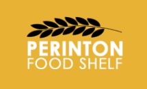 perinton food shelf logo yellow background with white text and a black stalk of wheat