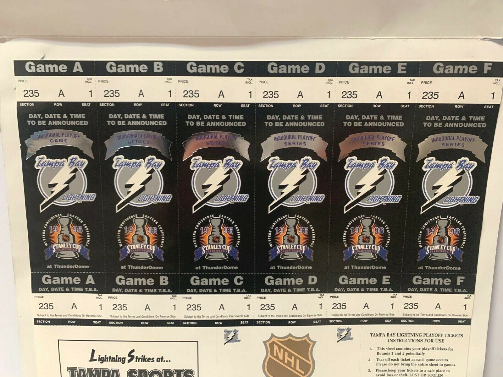 Tampa Bay Lightning Full Set Playoff Commemorative Tickets 1995-1996 s -  All Sports Custom Framing