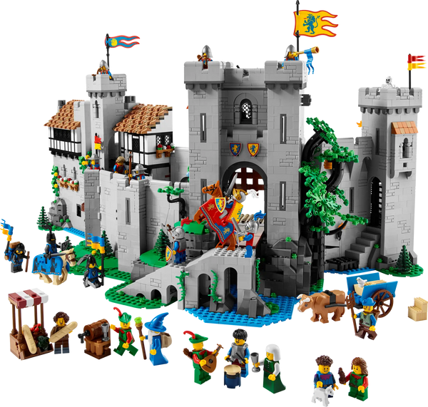 A medieval-themed LEGO set featuring the Lion Knight’s Castle, surrounded by knights, peasants, and other thematic minifigures.